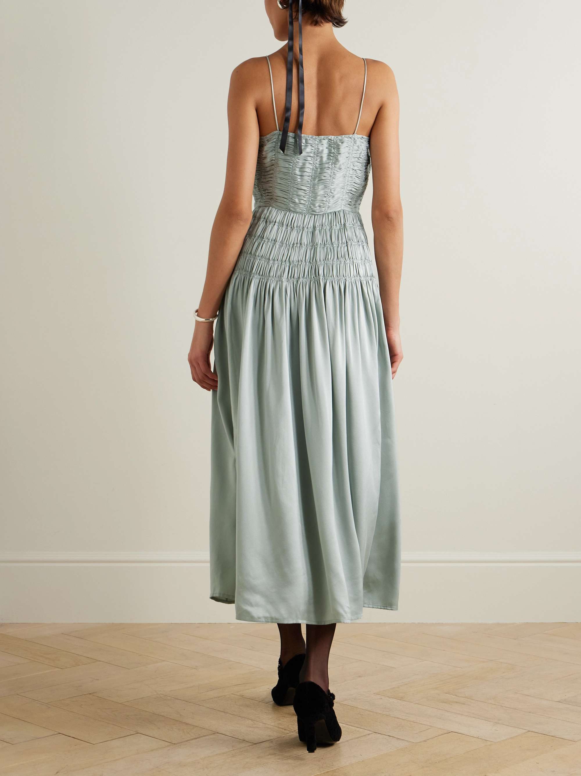 Ambrosia bow-detailed shirred silk-satin midi dress view