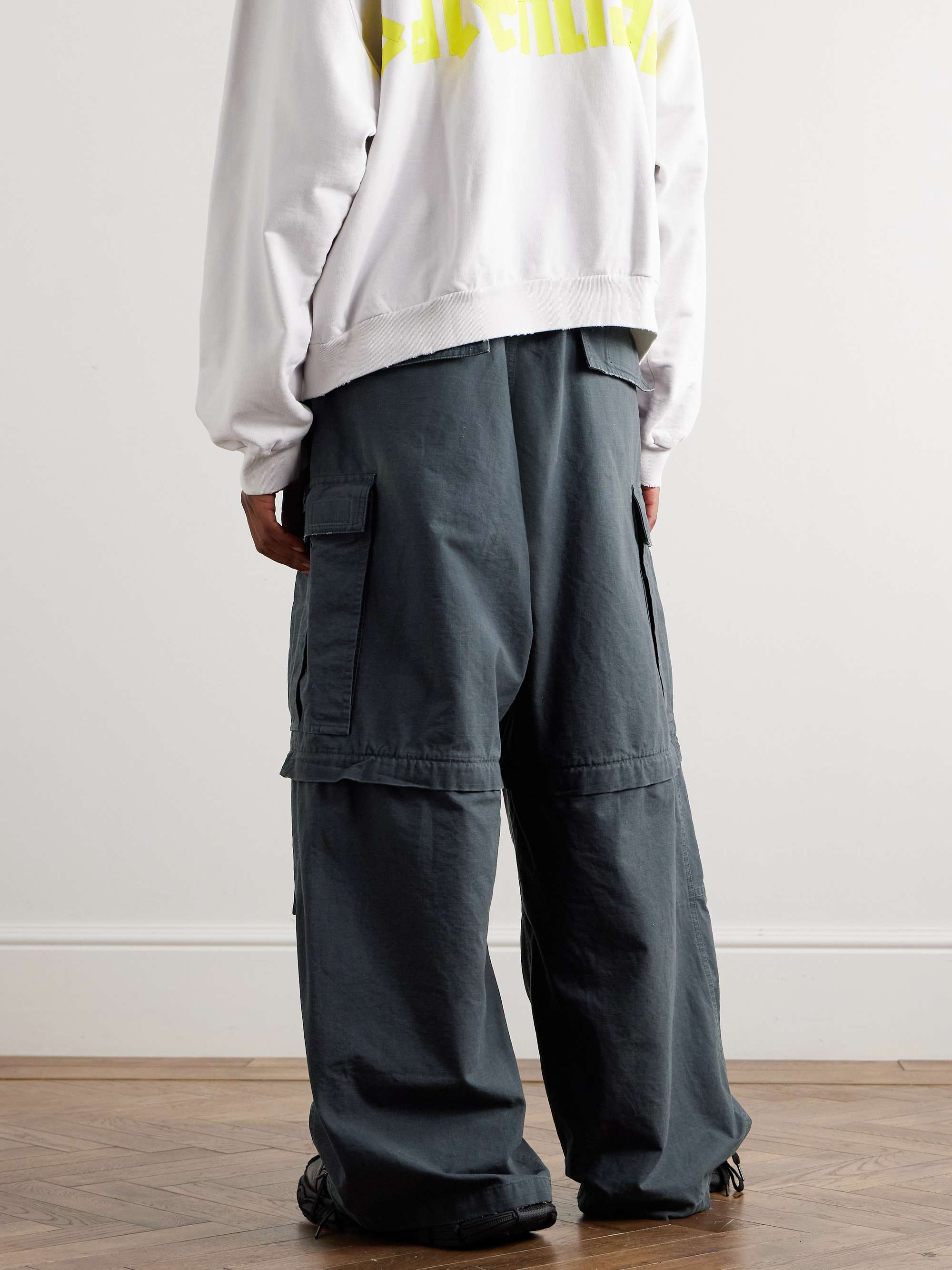 Wide-Leg Distressed Cotton-Ripstop Drawstring Cargo Trousers view