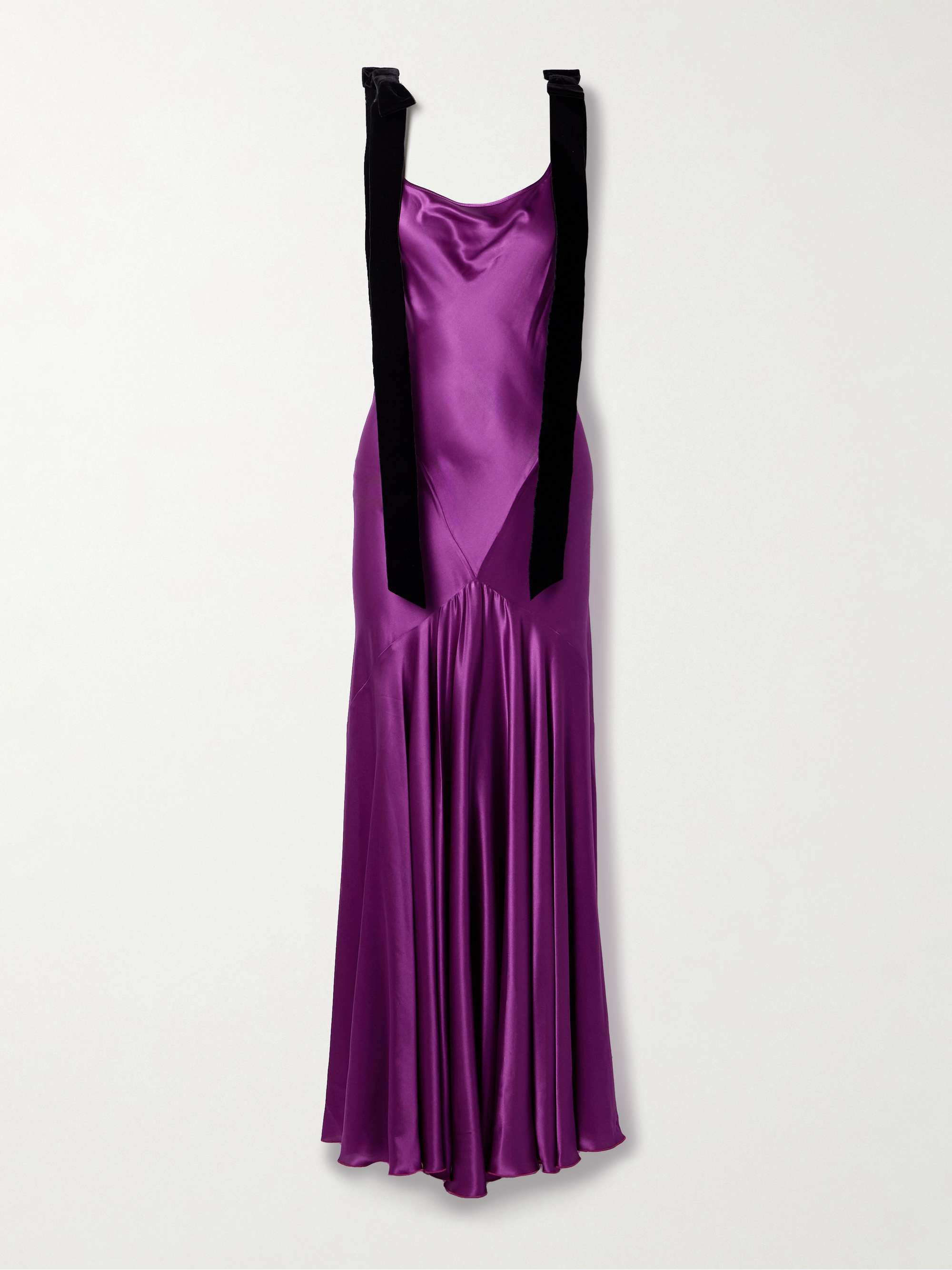 Tie-detailed velvet-trimmed paneled satin maxi dress view
