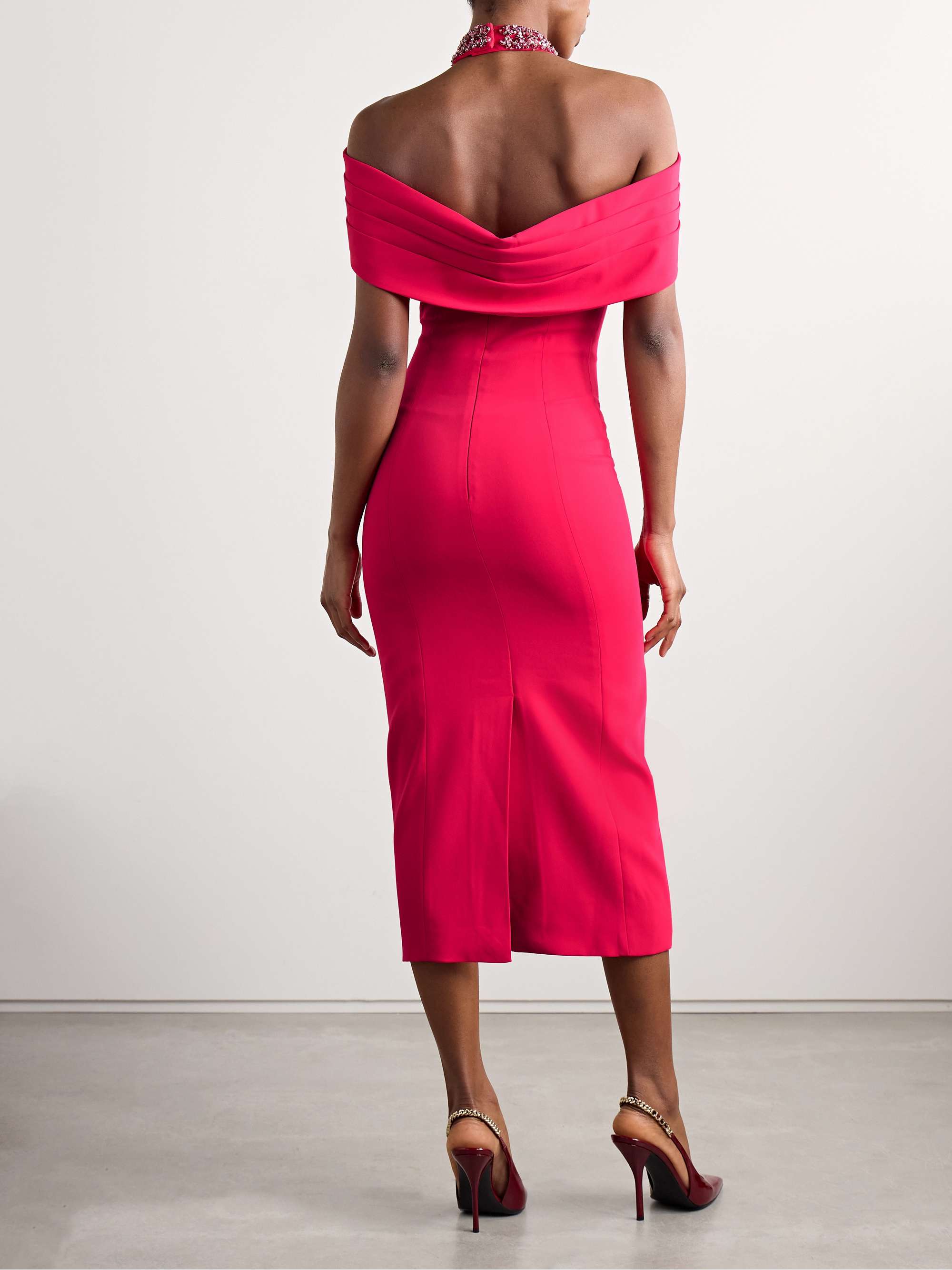 Lotty cold-shoulder crystal-embellished pleated cady halterneck midi dress view