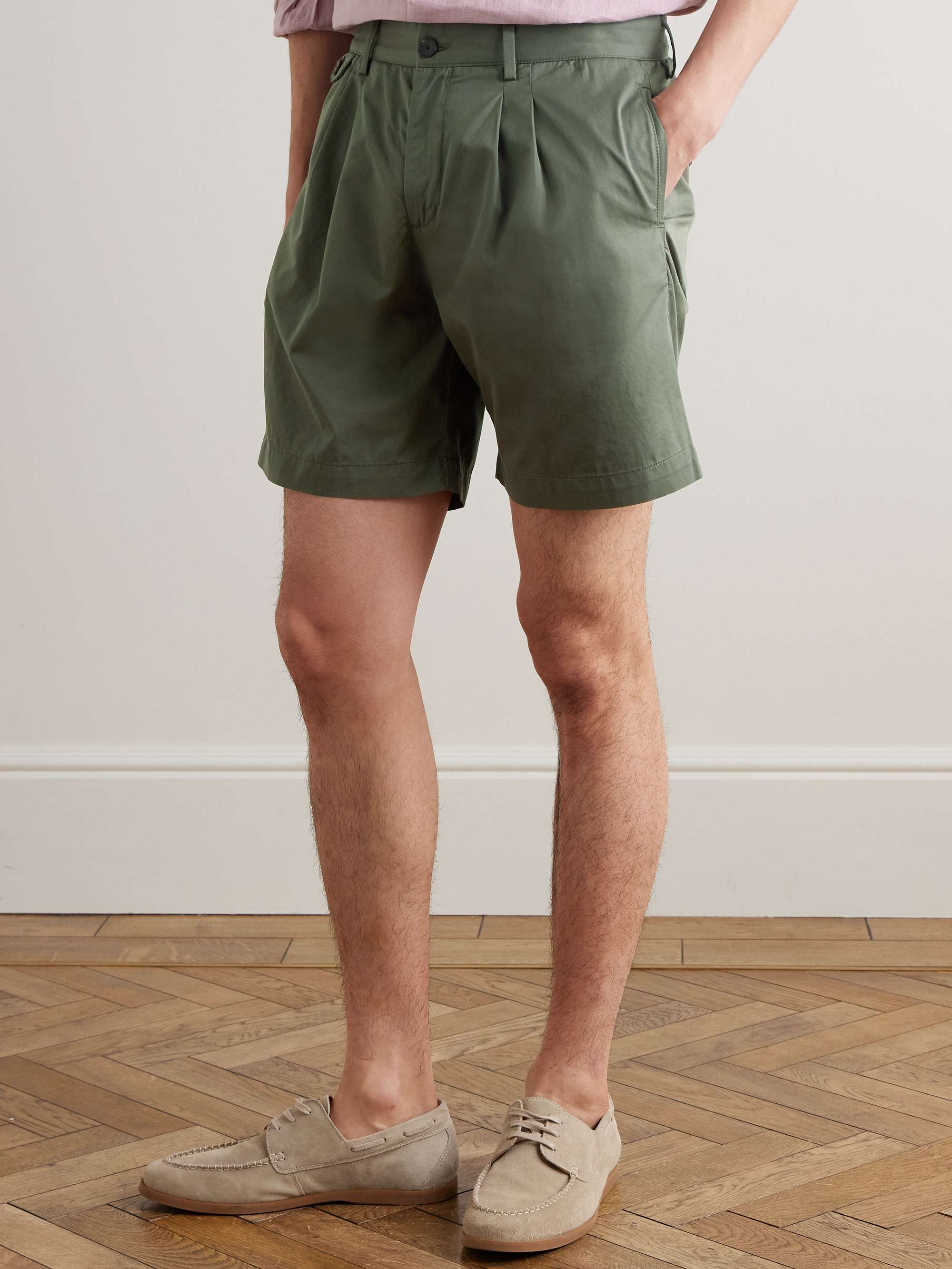 Straight-Leg Pleated Organic Cotton-Poplin Shorts view