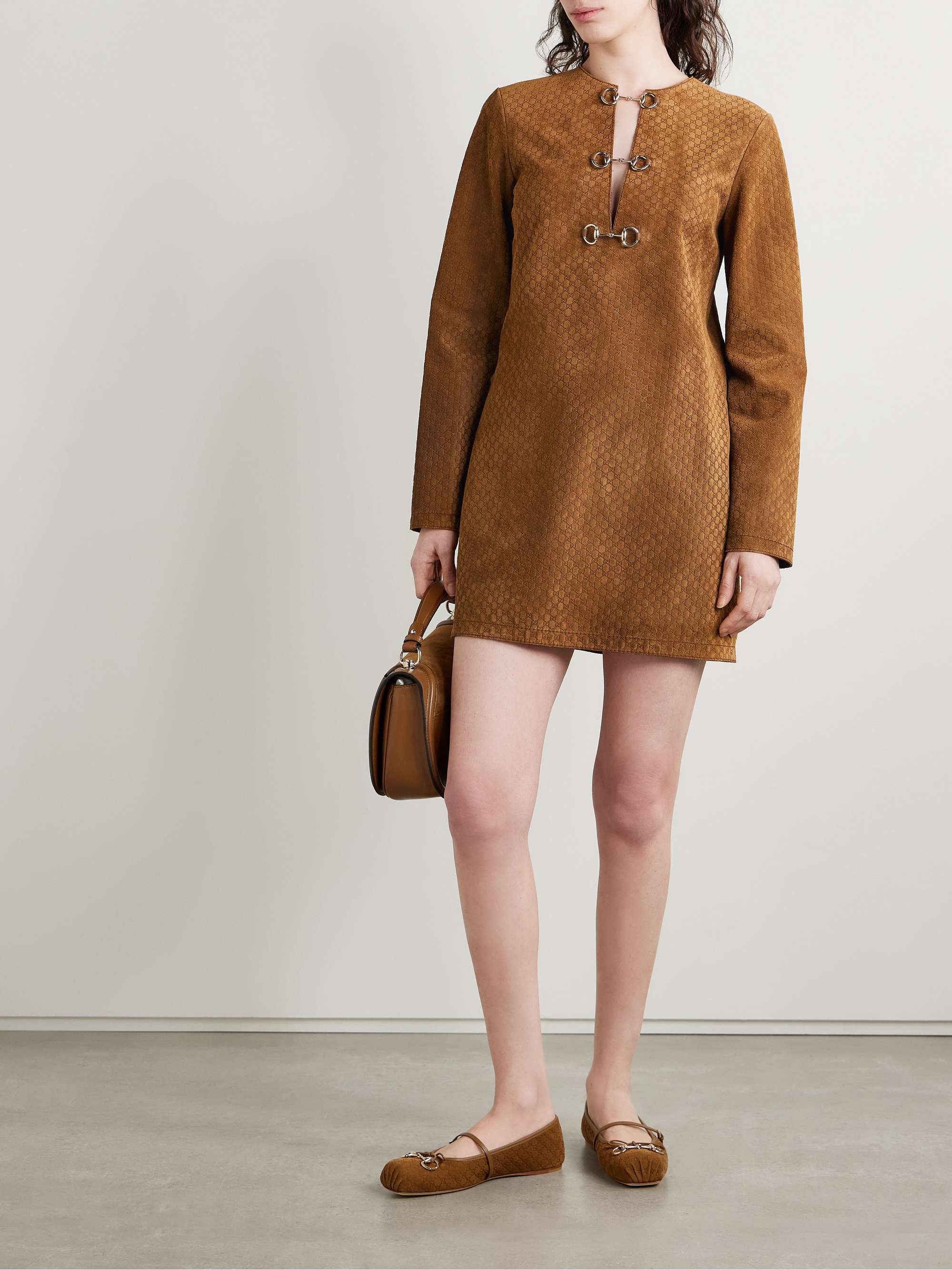 Horsebit-detailed debossed suede mini dress view