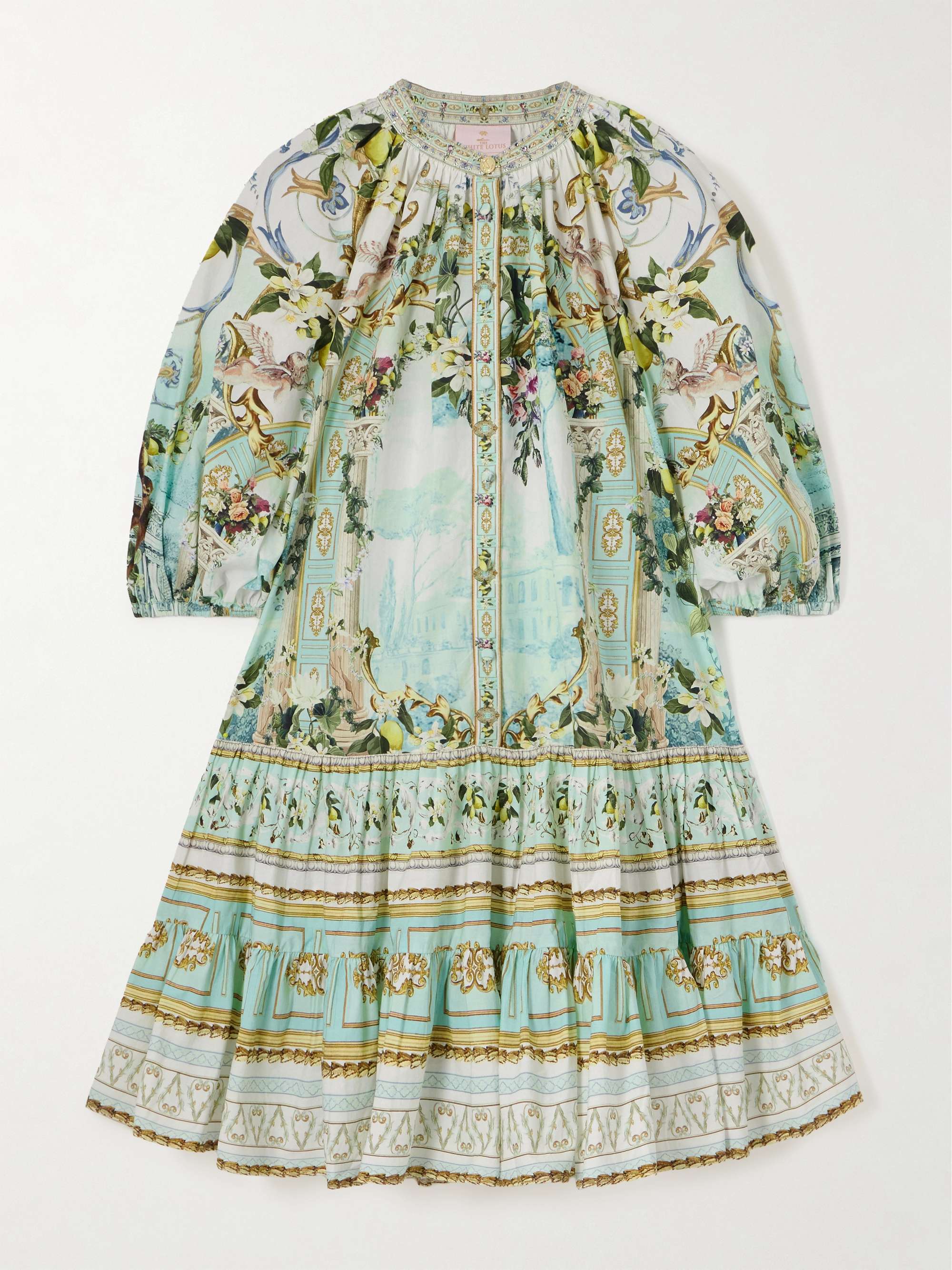 + The White Lotus tiered crystal-embellished printed organic cotton-poplin mini dress view