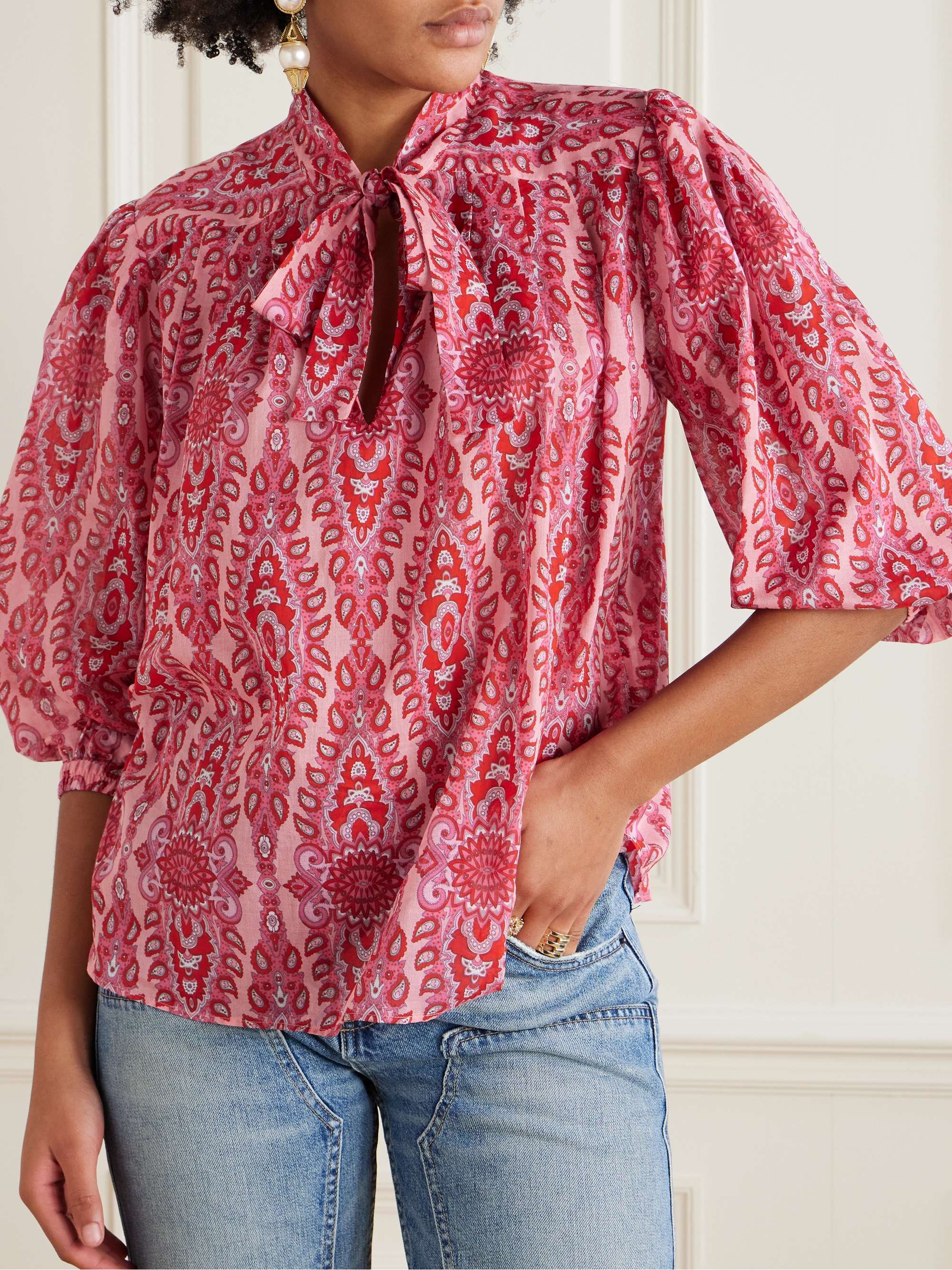 Pussy-bow pleated paisley-print cotton-poplin blouse view