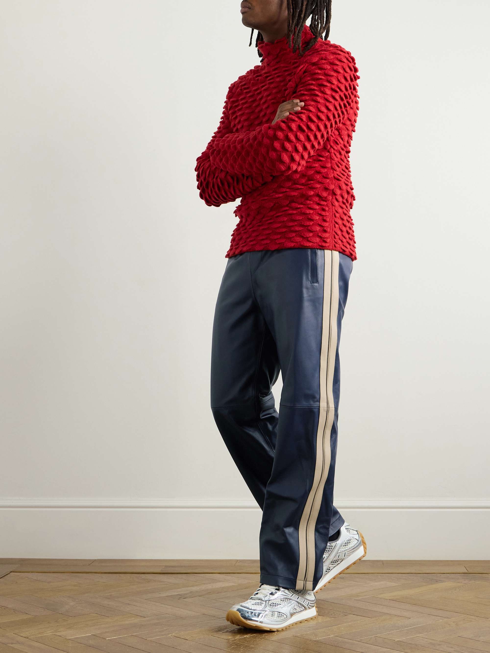 Straight-Leg Striped Leather Trousers view
