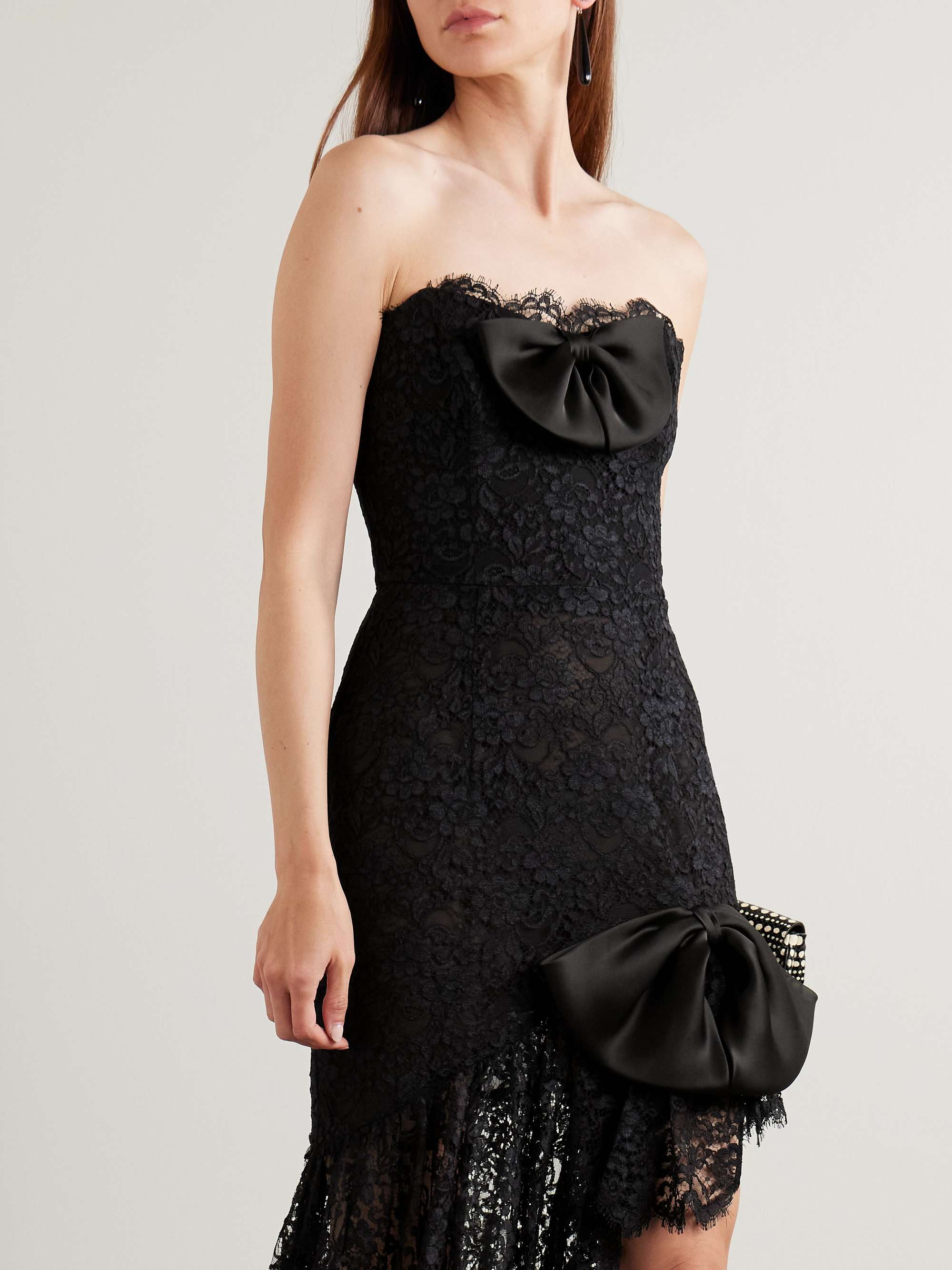 Bow-detailed strapless asymmetric silk-lace dress view