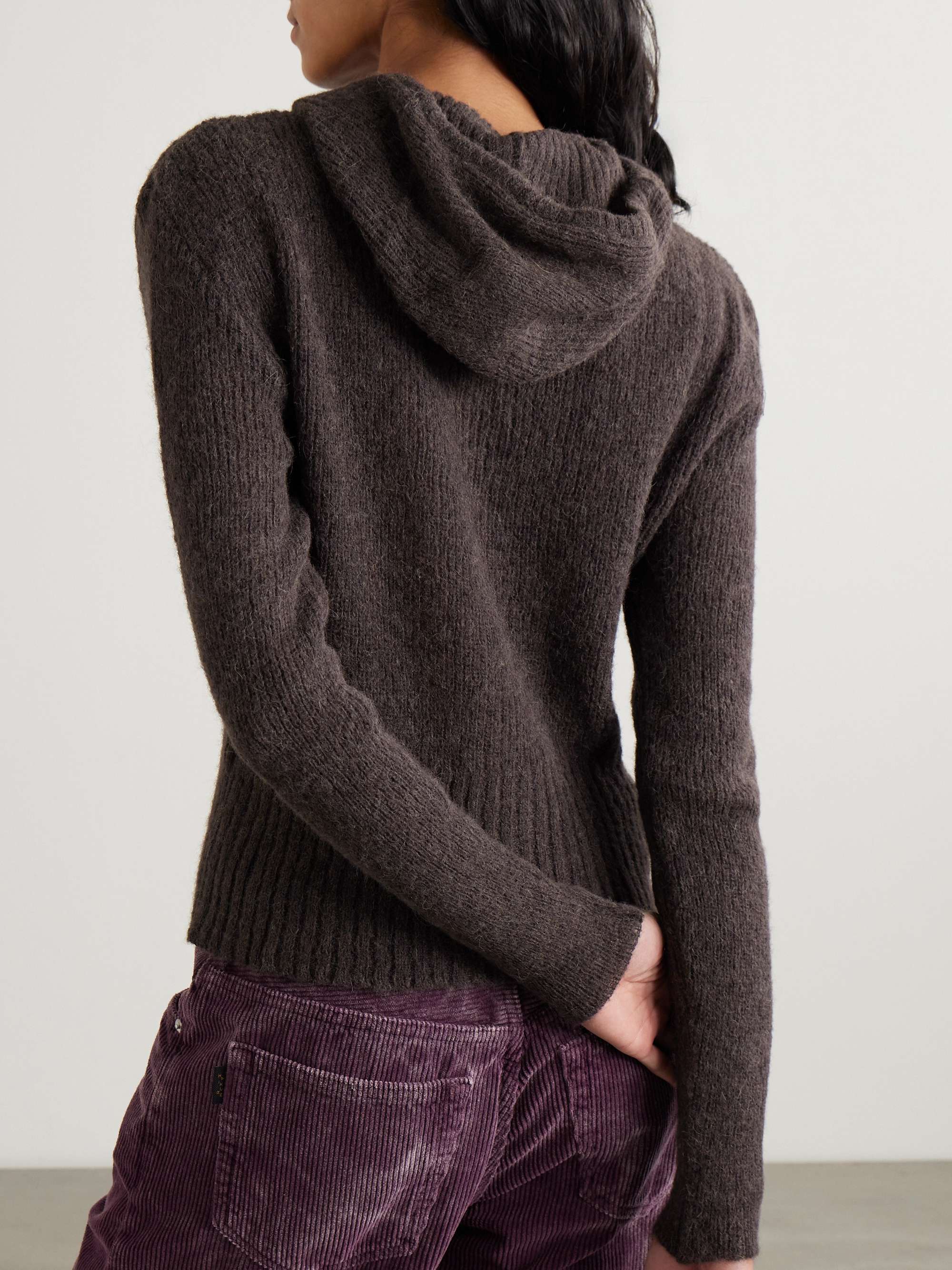 Compact hooded ribbed brushed alpaca-blend cardigan view