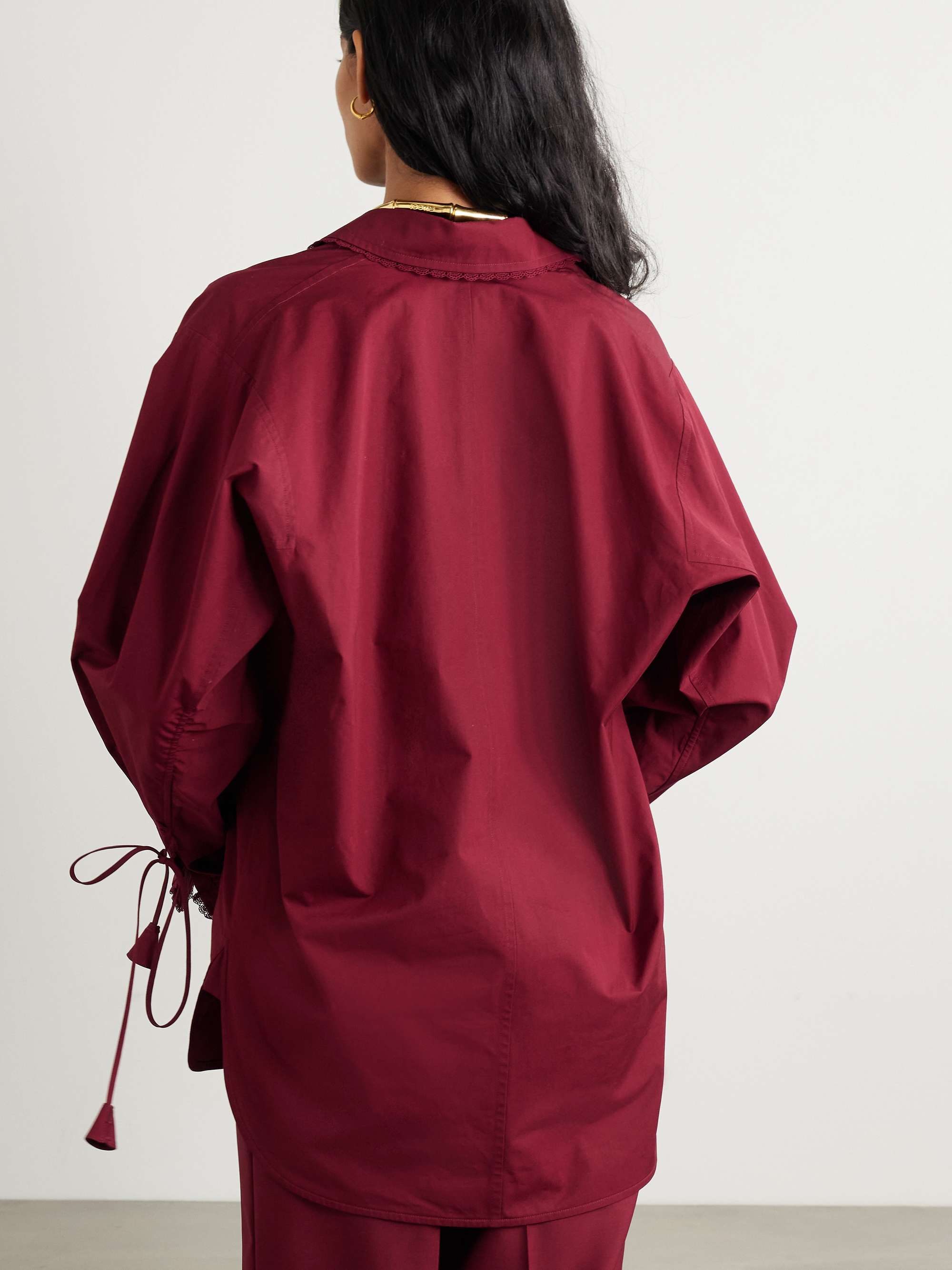 Oversized tie-detailed embossed lace-trimmed cotton-poplin shirt view