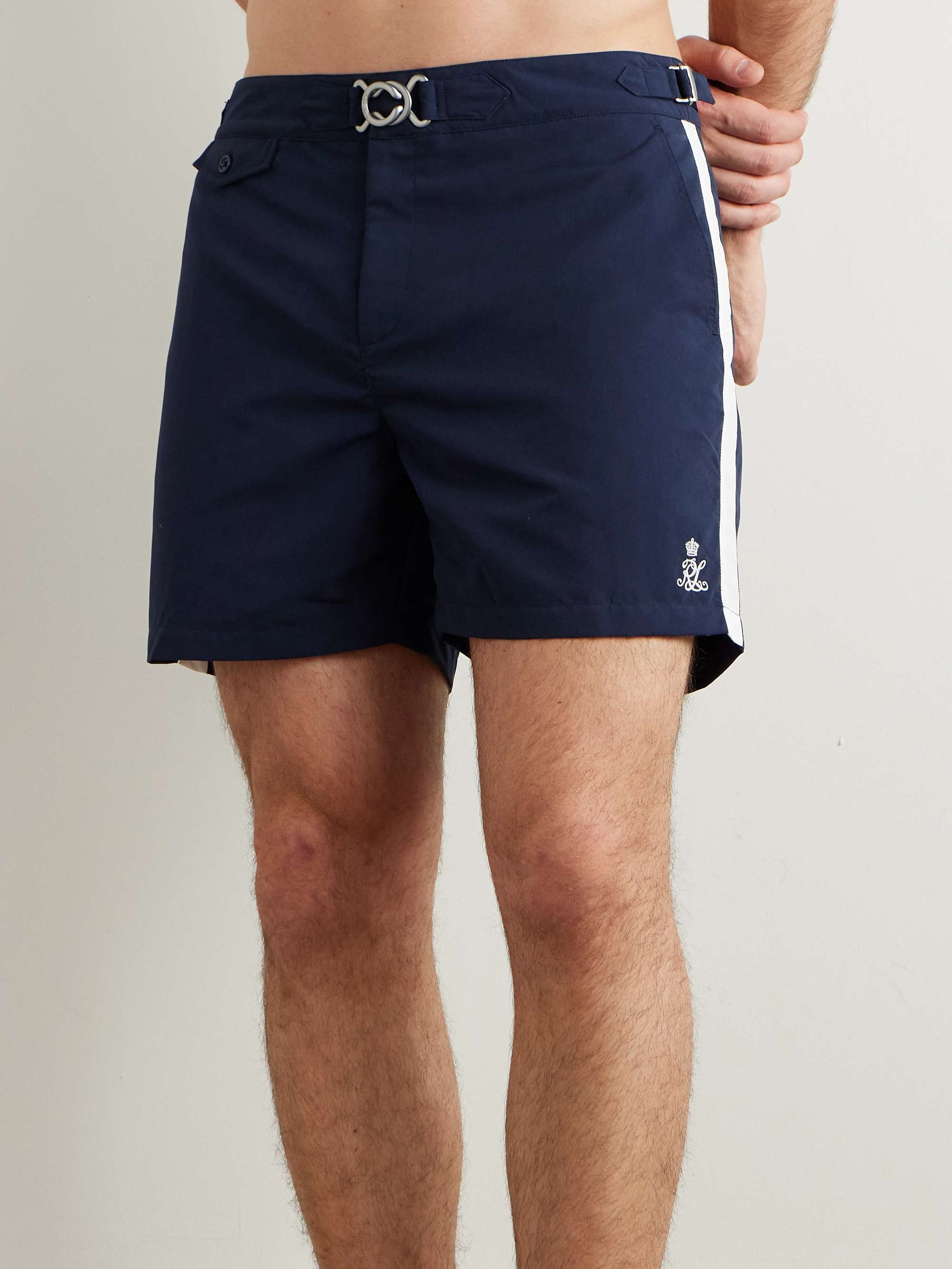 Straight-Leg Mid-Length Striped Swim Shorts view