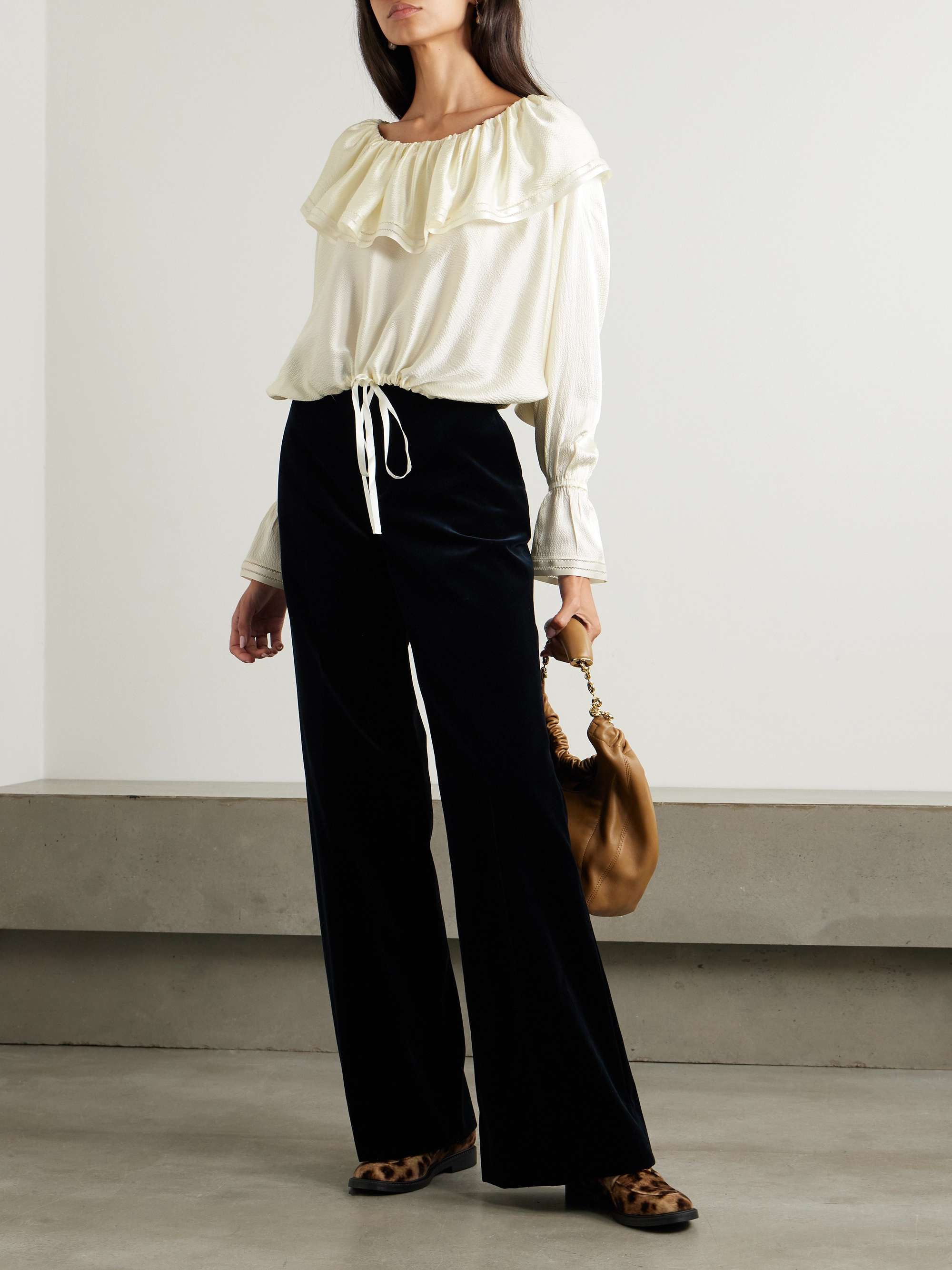 Claret off-the-shoulder ruffled pointelle-trimmed hammered-silk blouse view