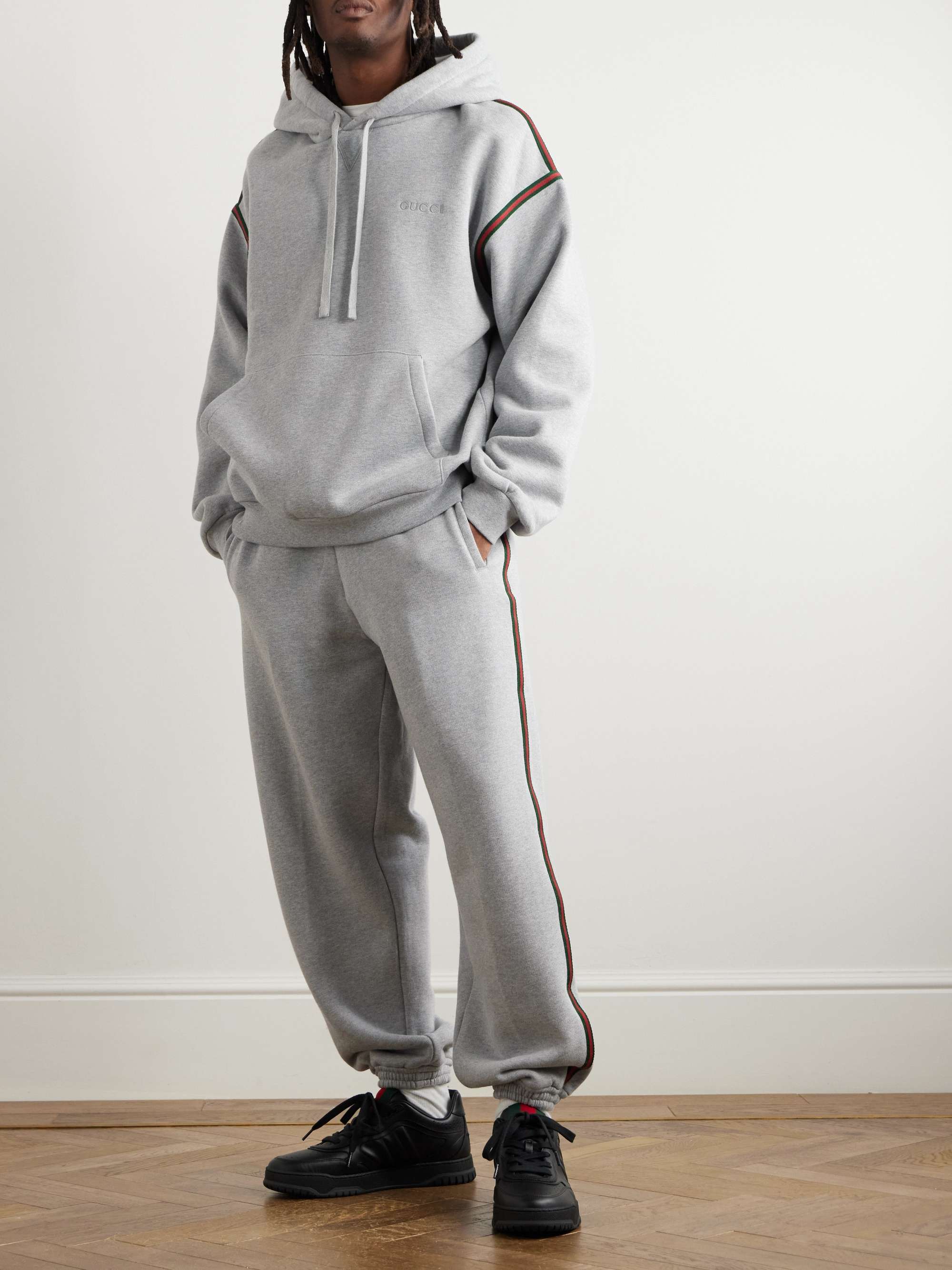 Logo-Embroidered Webbing-Trimmed Cotton-Jersey Hoodie view