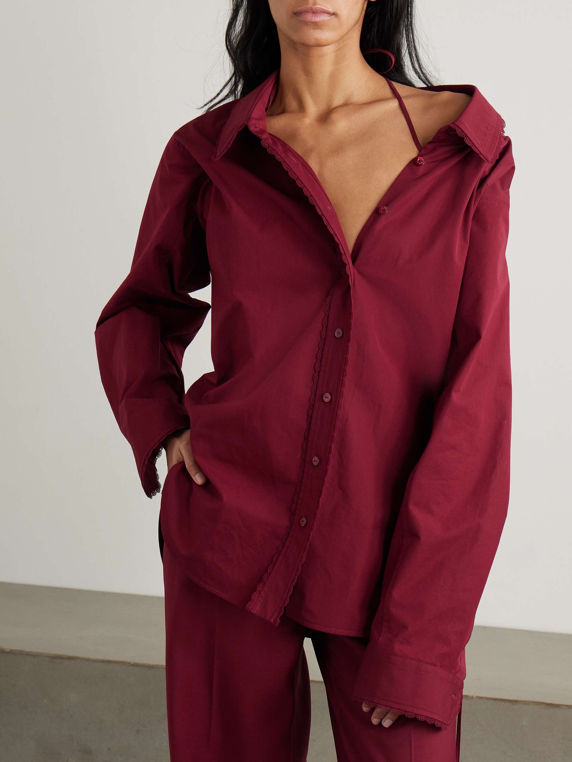 Oversized tie-detailed embossed lace-trimmed cotton-poplin shirt view