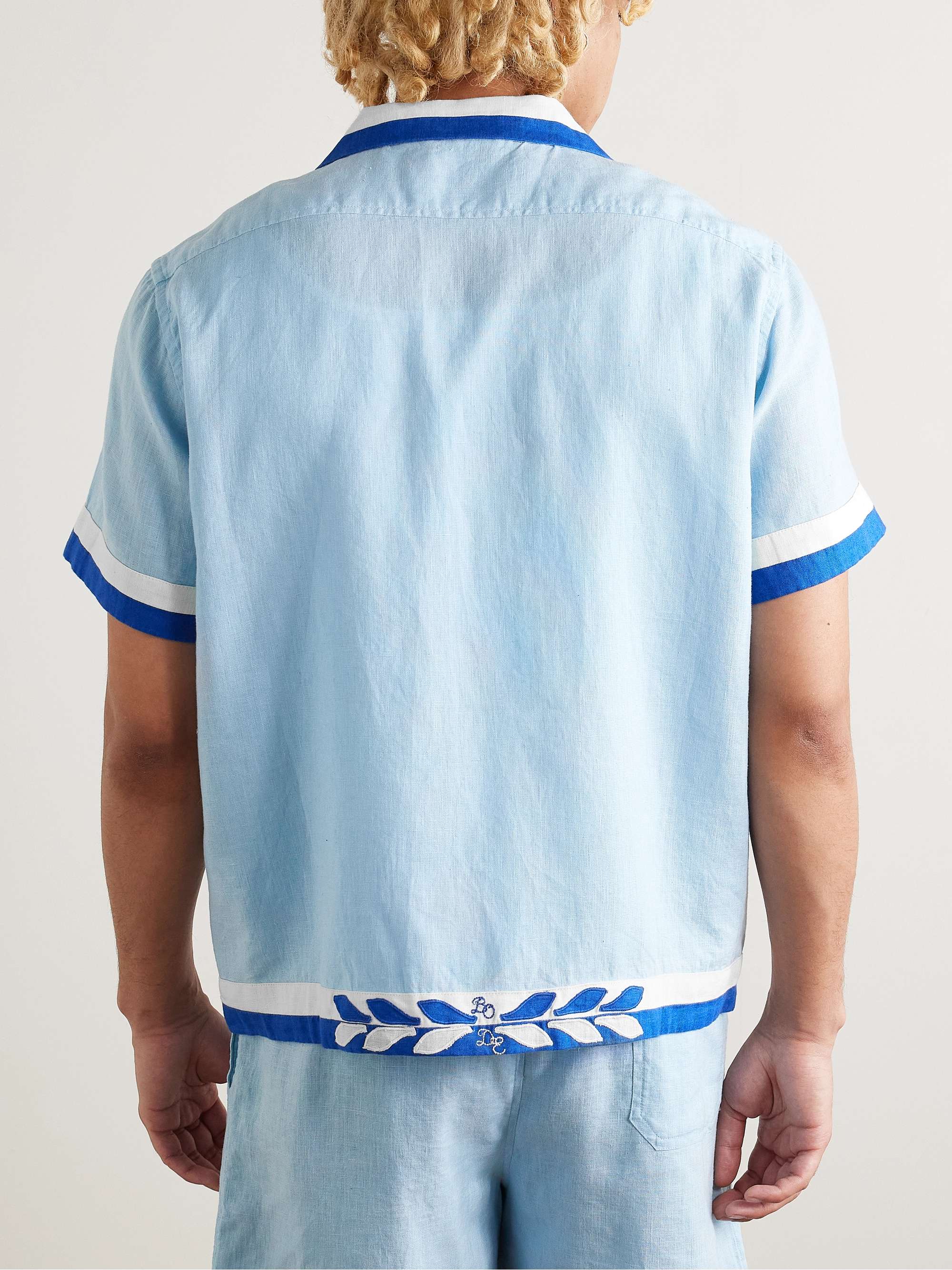 Seedling Stripe Camp-Collar Appliquéd Linen Shirt view