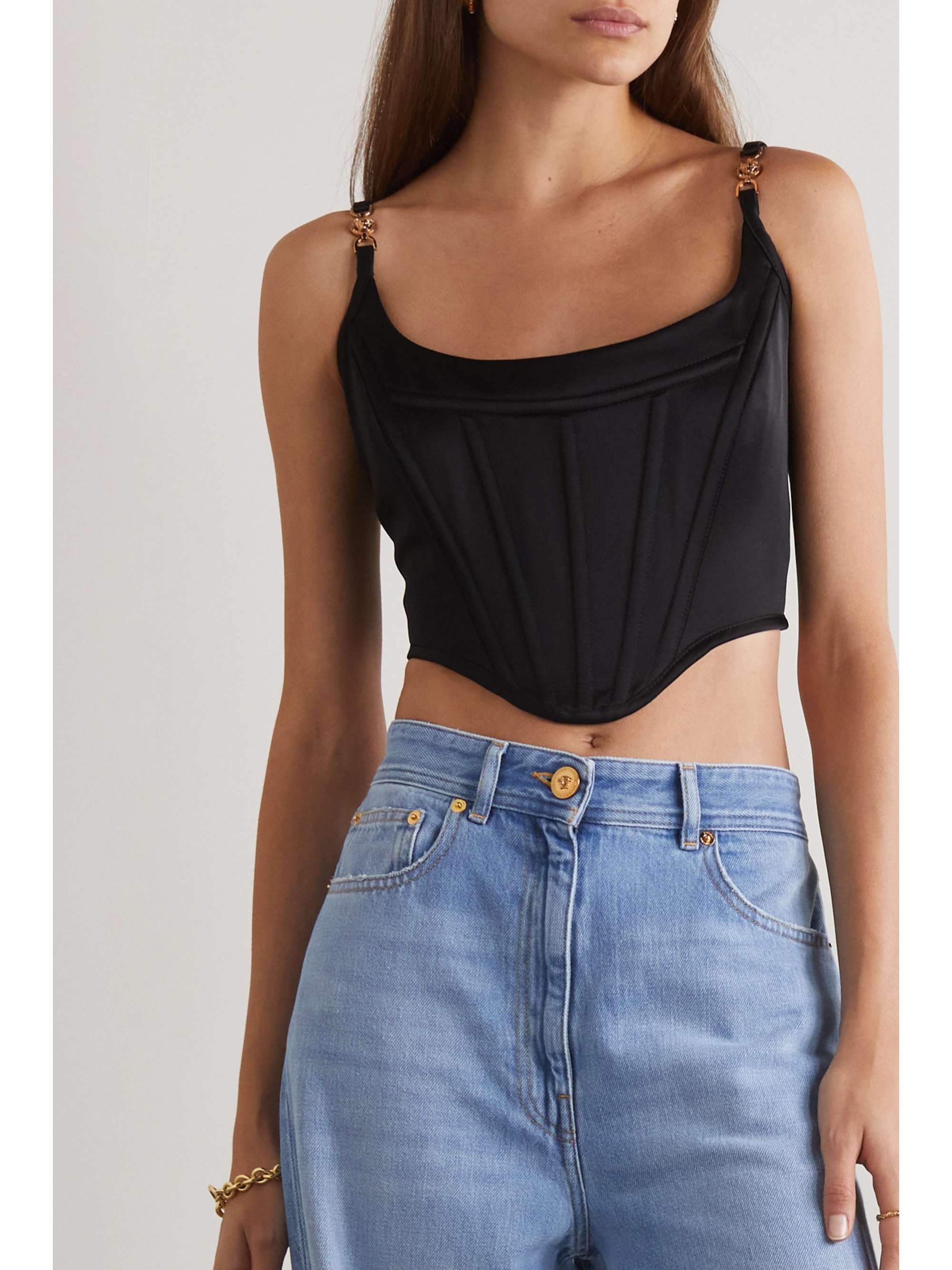 Icons cropped embellished satin bustier top view