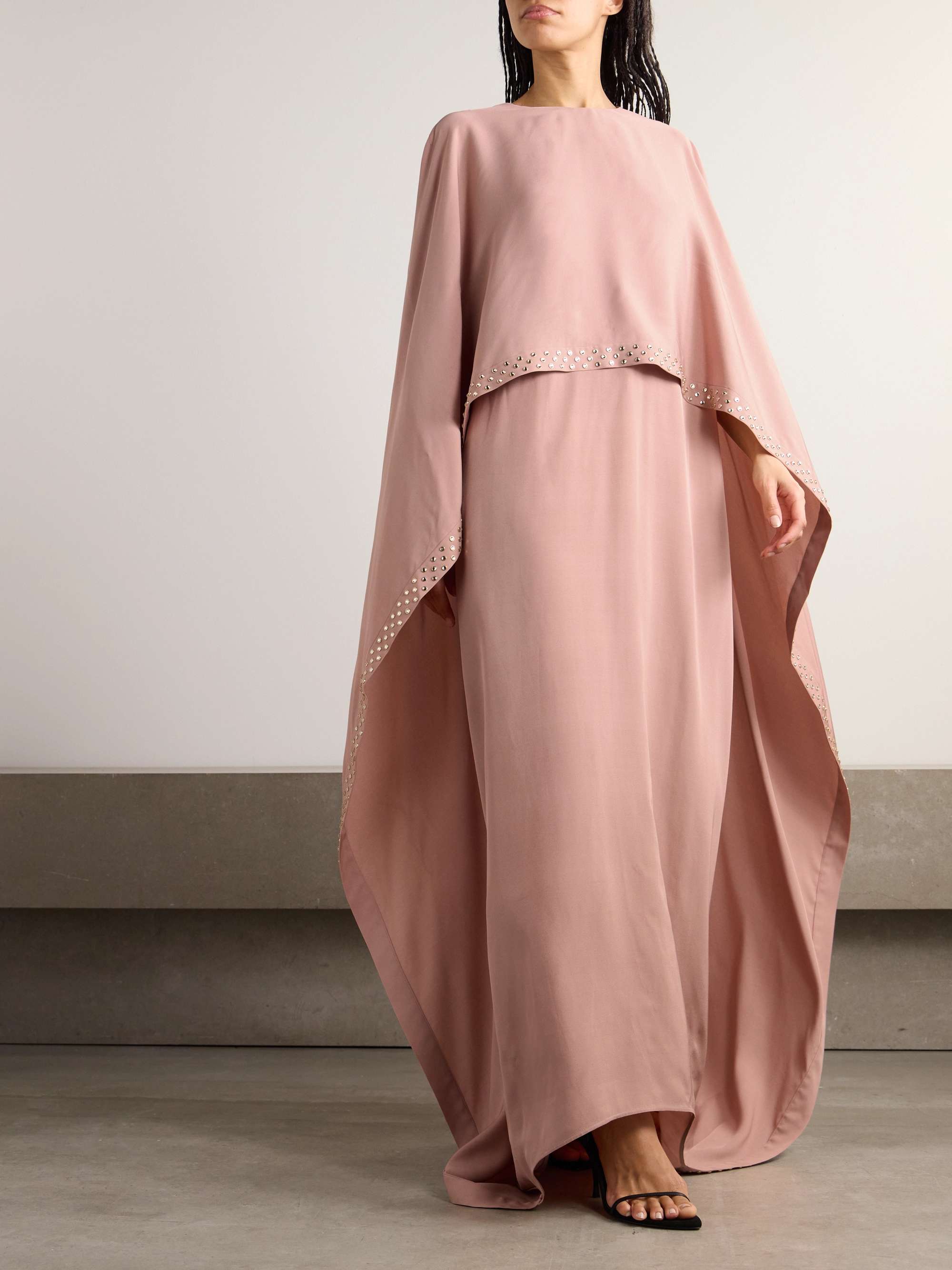 Cape-effect crystal-embellished crepe gown view