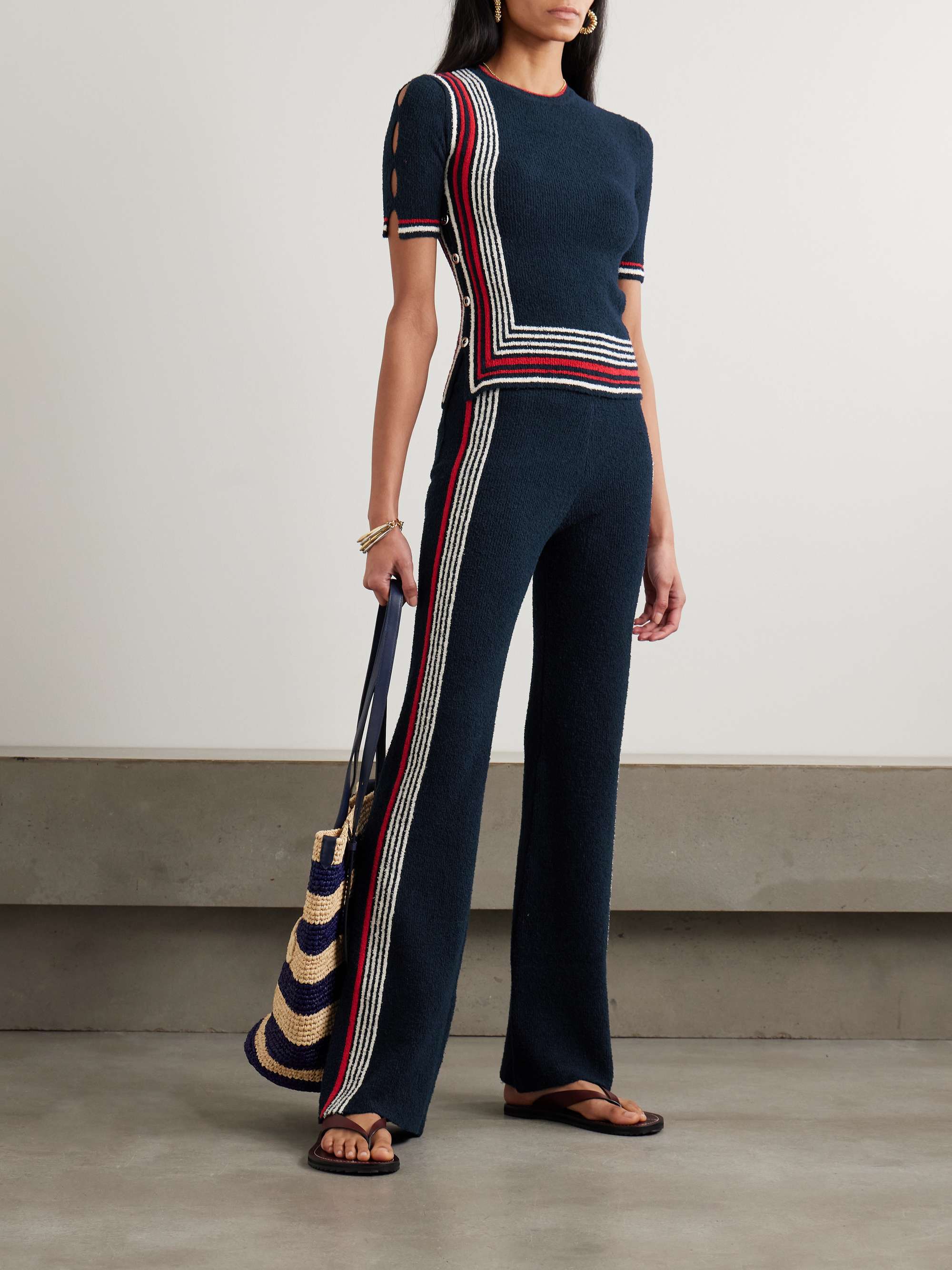 Button-embellished striped cotton-blend chenille sweater view