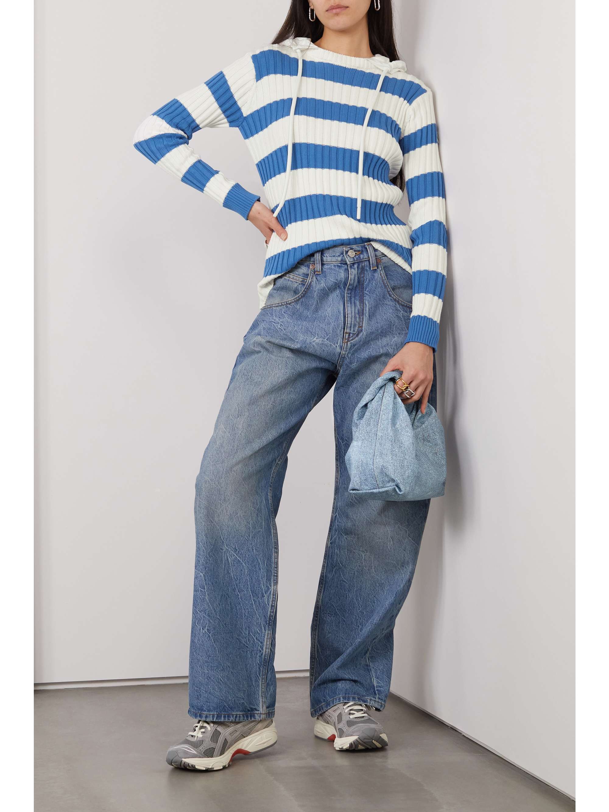 Shell-trimmed striped ribbed cotton hoodie view