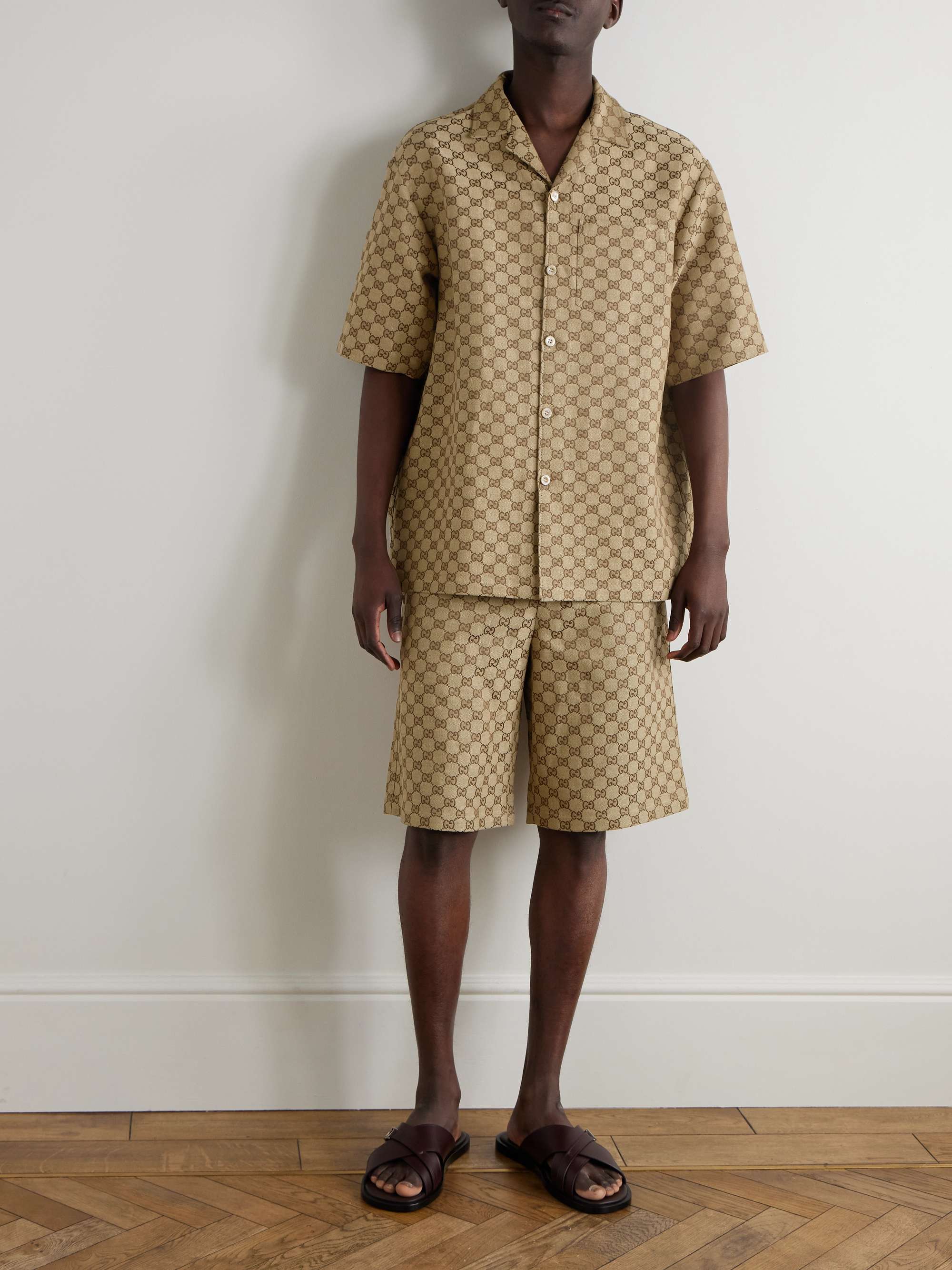 Camp-Collar Monogrammed Linen-Blend Jacquard Shirt view