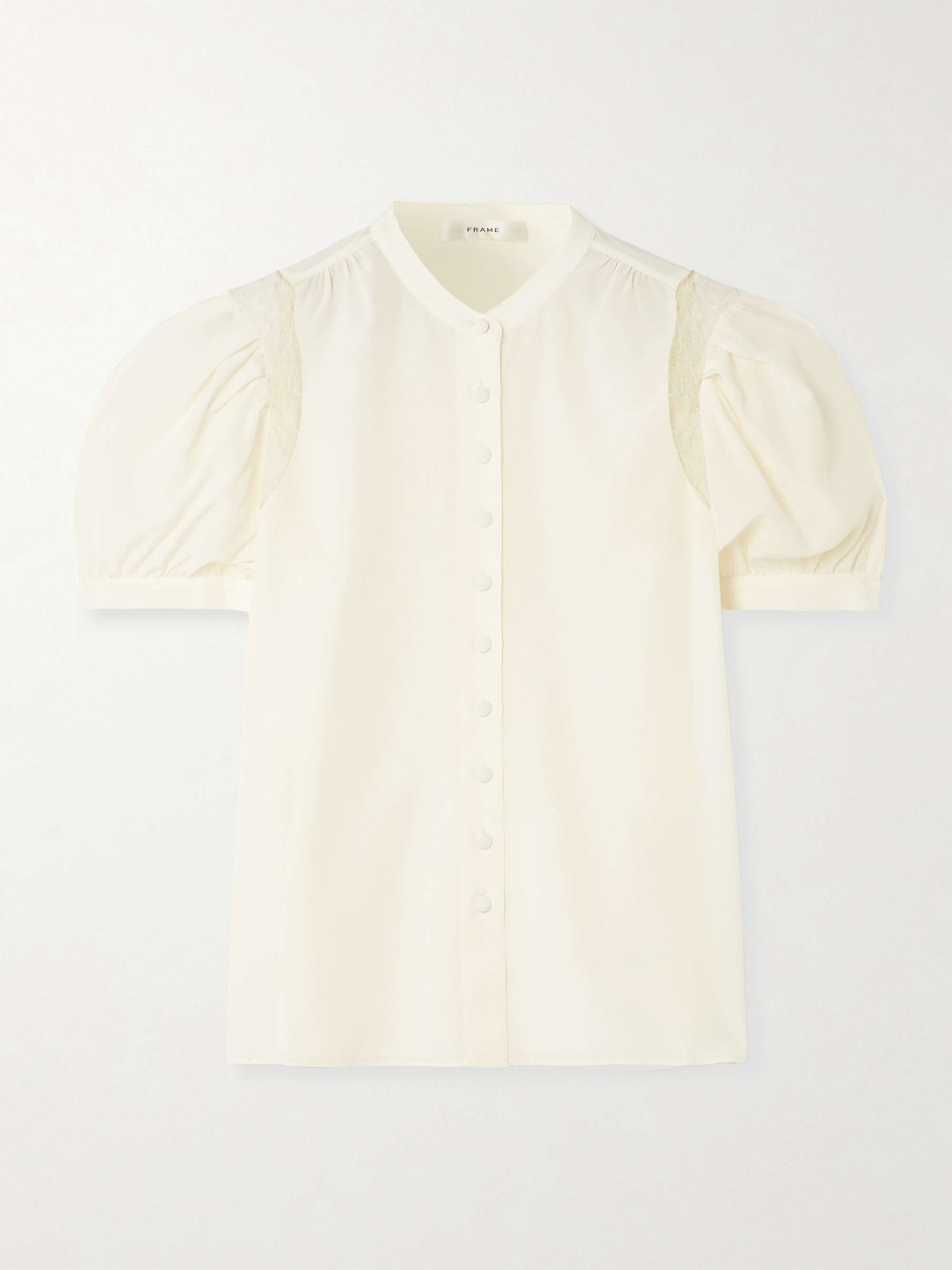 Ruched lace-trimmed silk crepe de chine blouse view