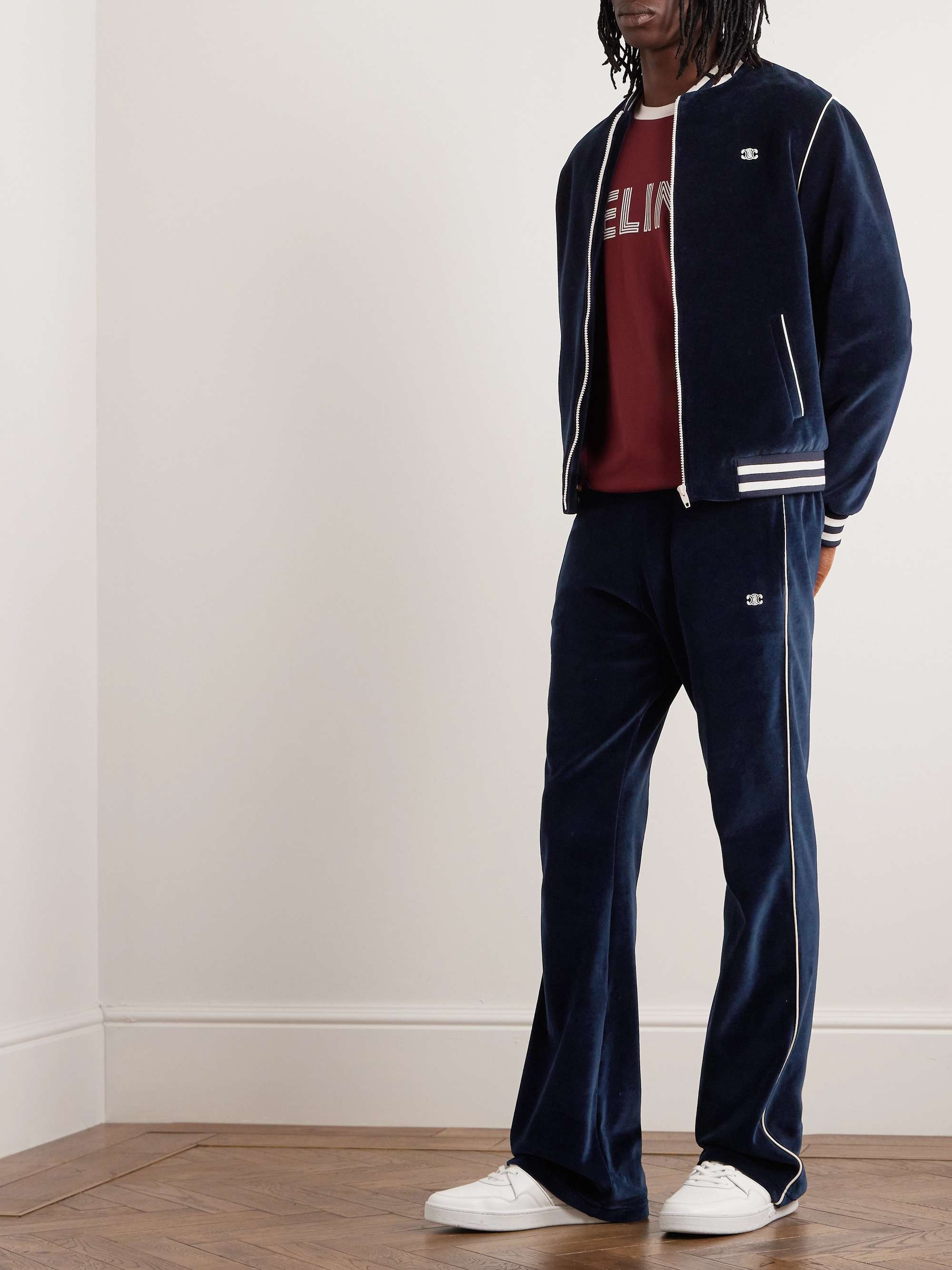 Striped Logo-Embroidered Cotton-Blend Velour Varsity Jacket view