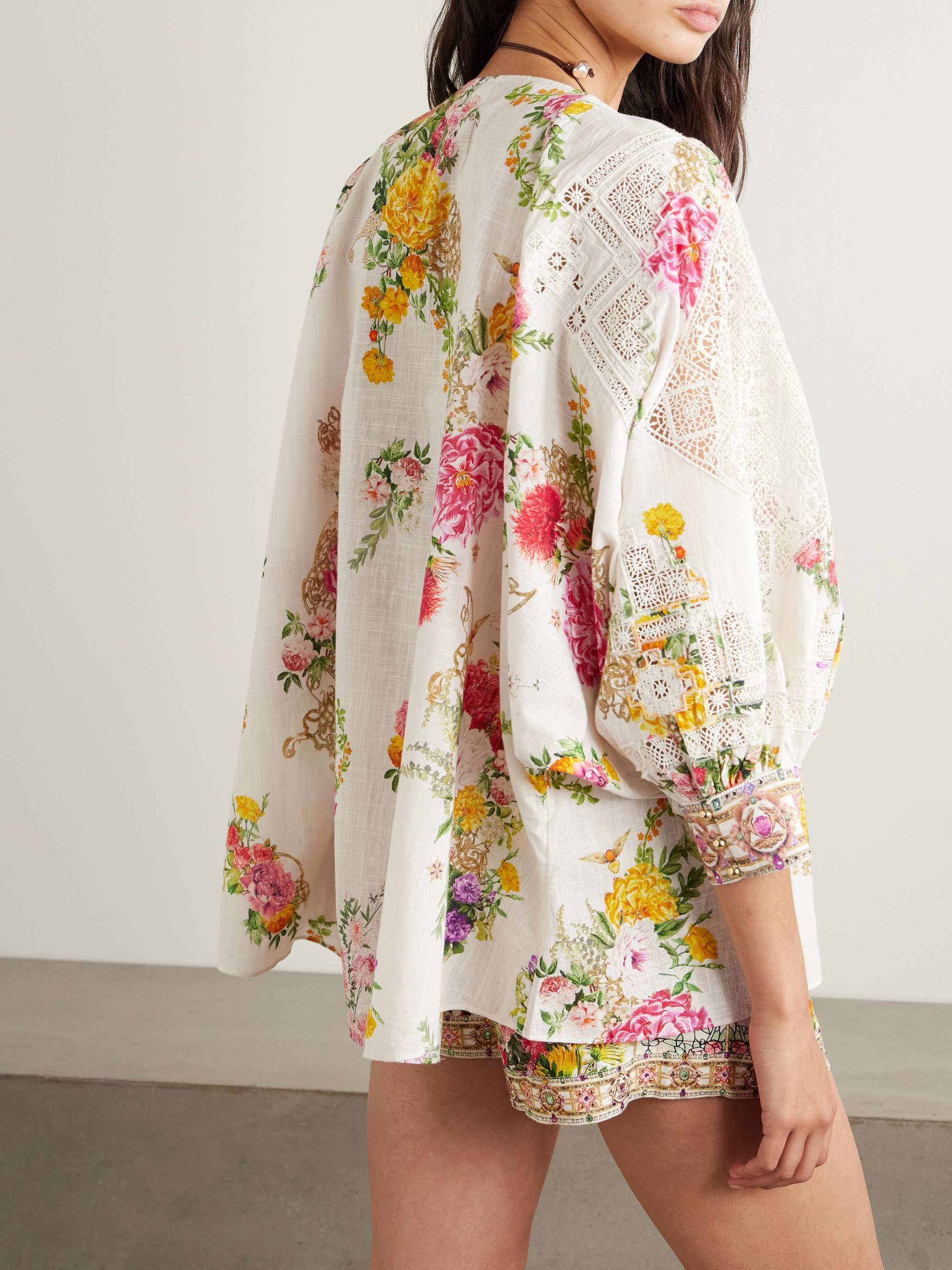 Tie-detailed embellished guipure lace-trimmed floral-print cotton-voile blouse view