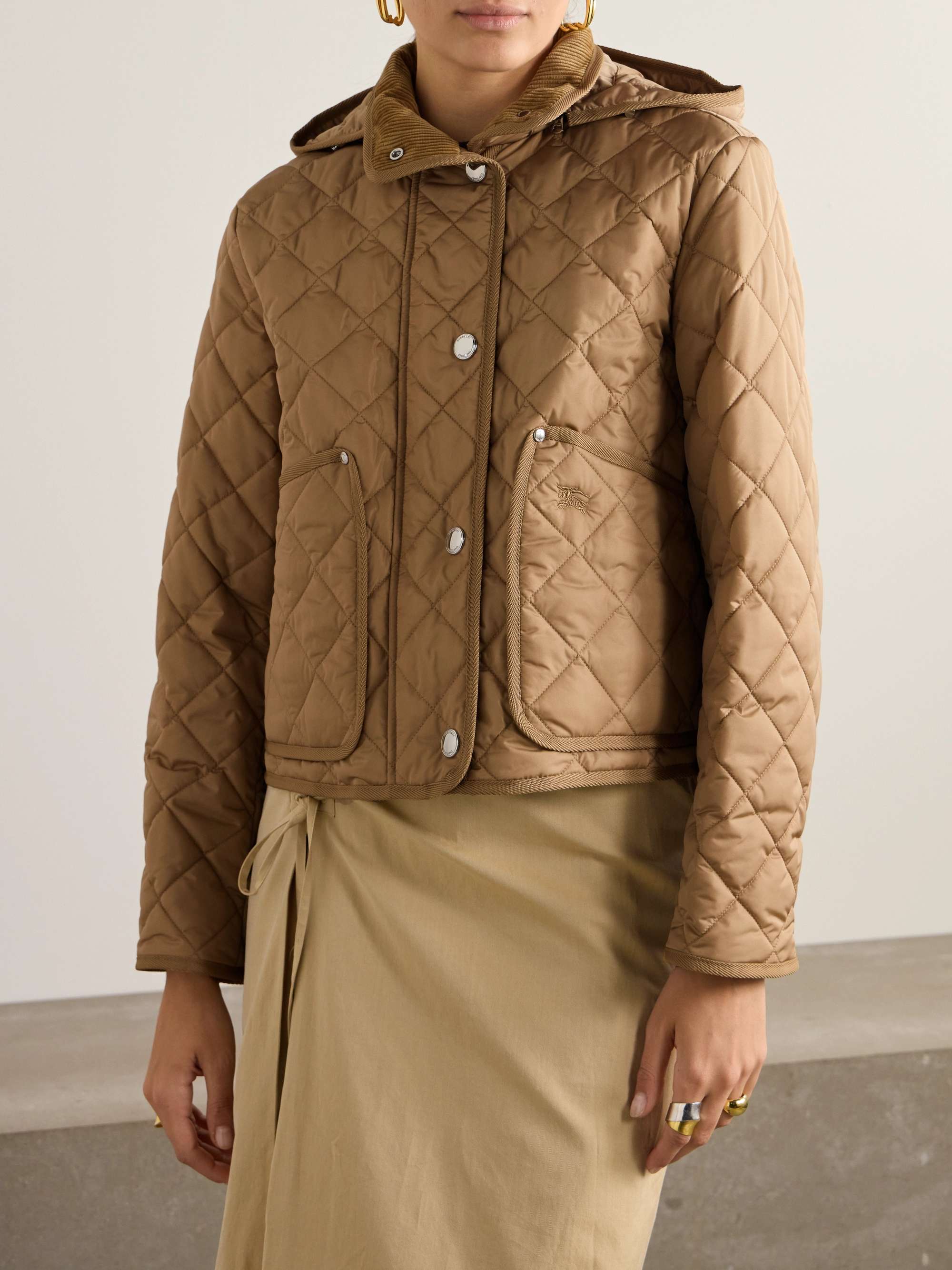 Hooded corduroy-trimmed quilted shell jacket view