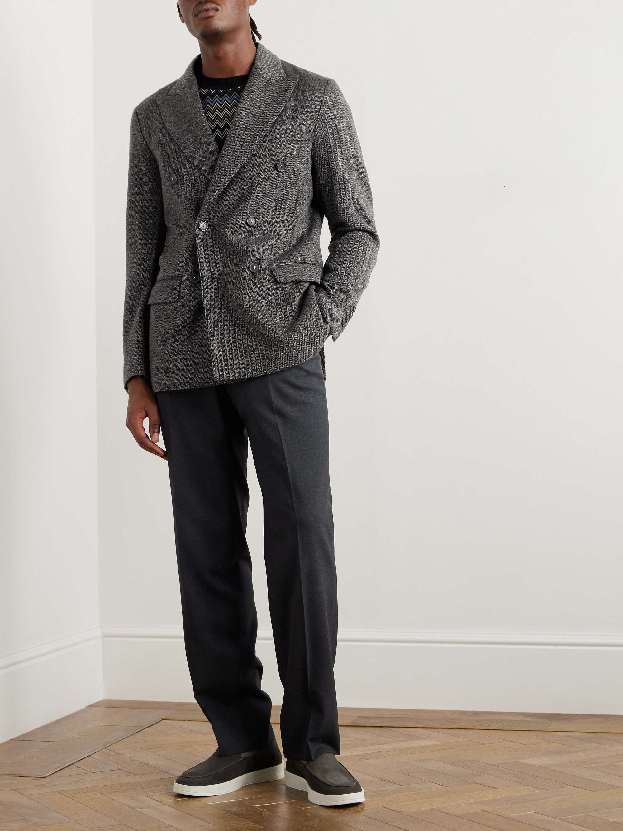 Double-Breasted Herringbone Cashmere and Wool-Blend Suit Jacket view