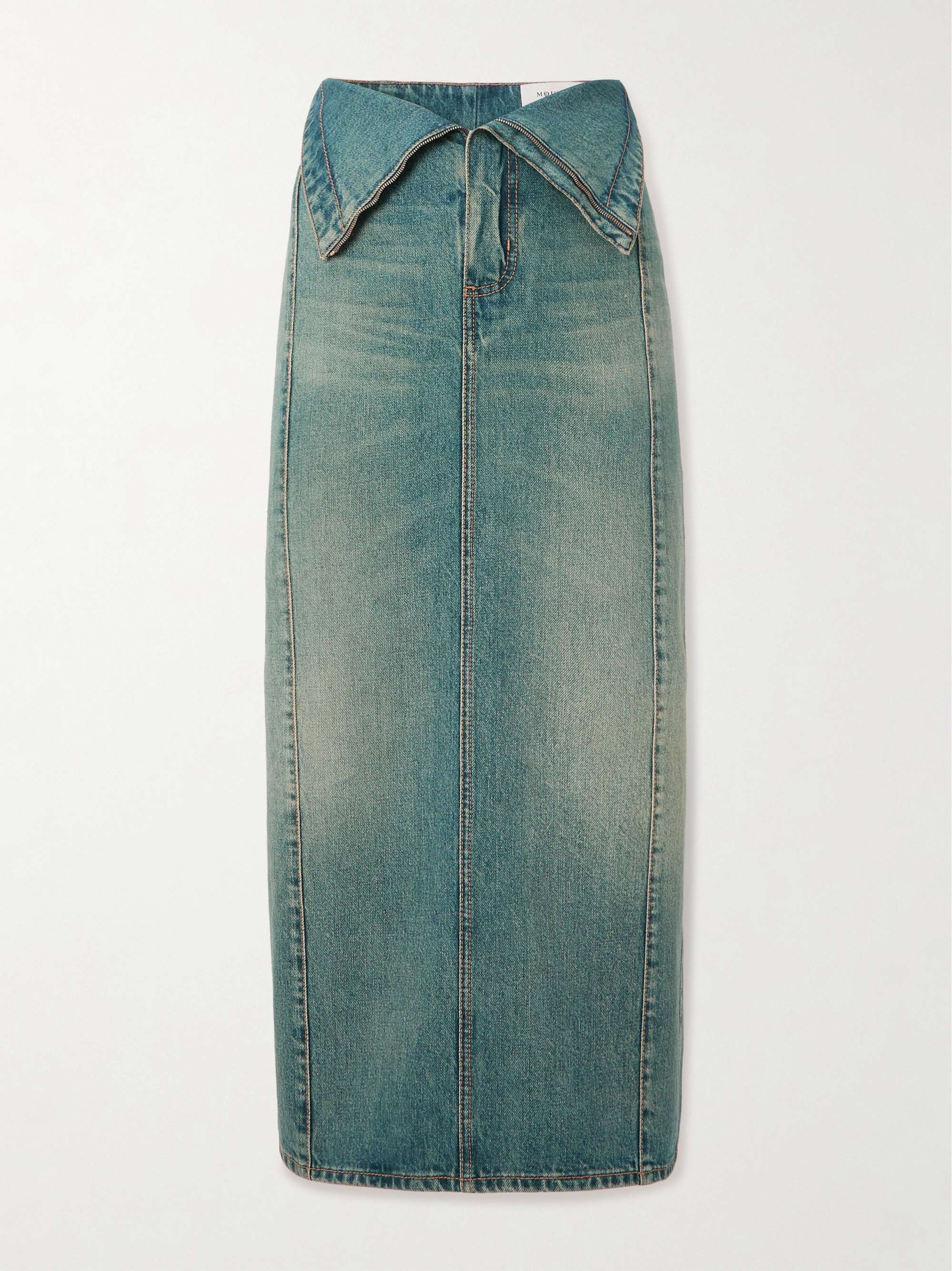 Paneled denim midi skirt view