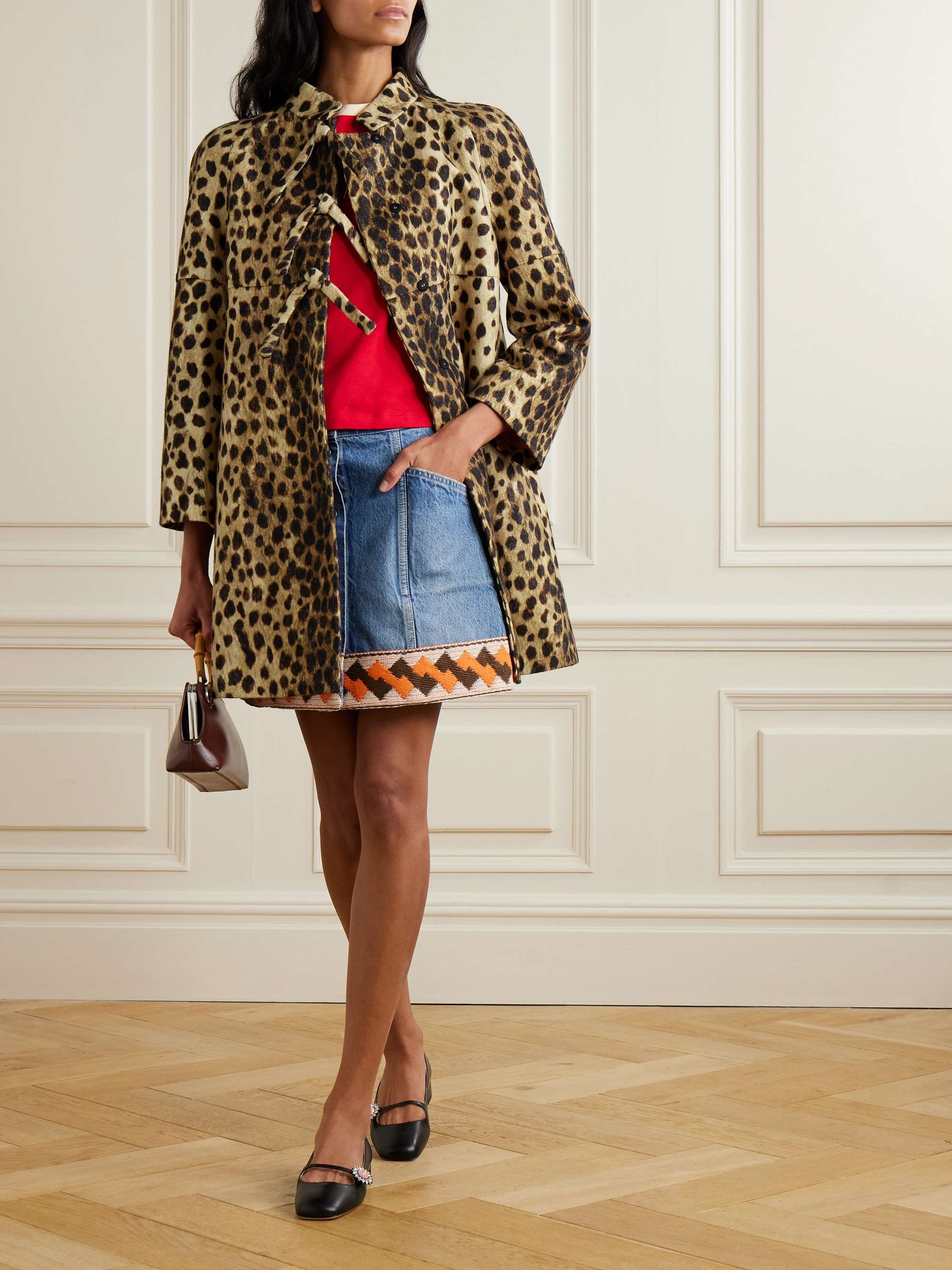 Bow-detailed jaguar-print wool-felt coat view