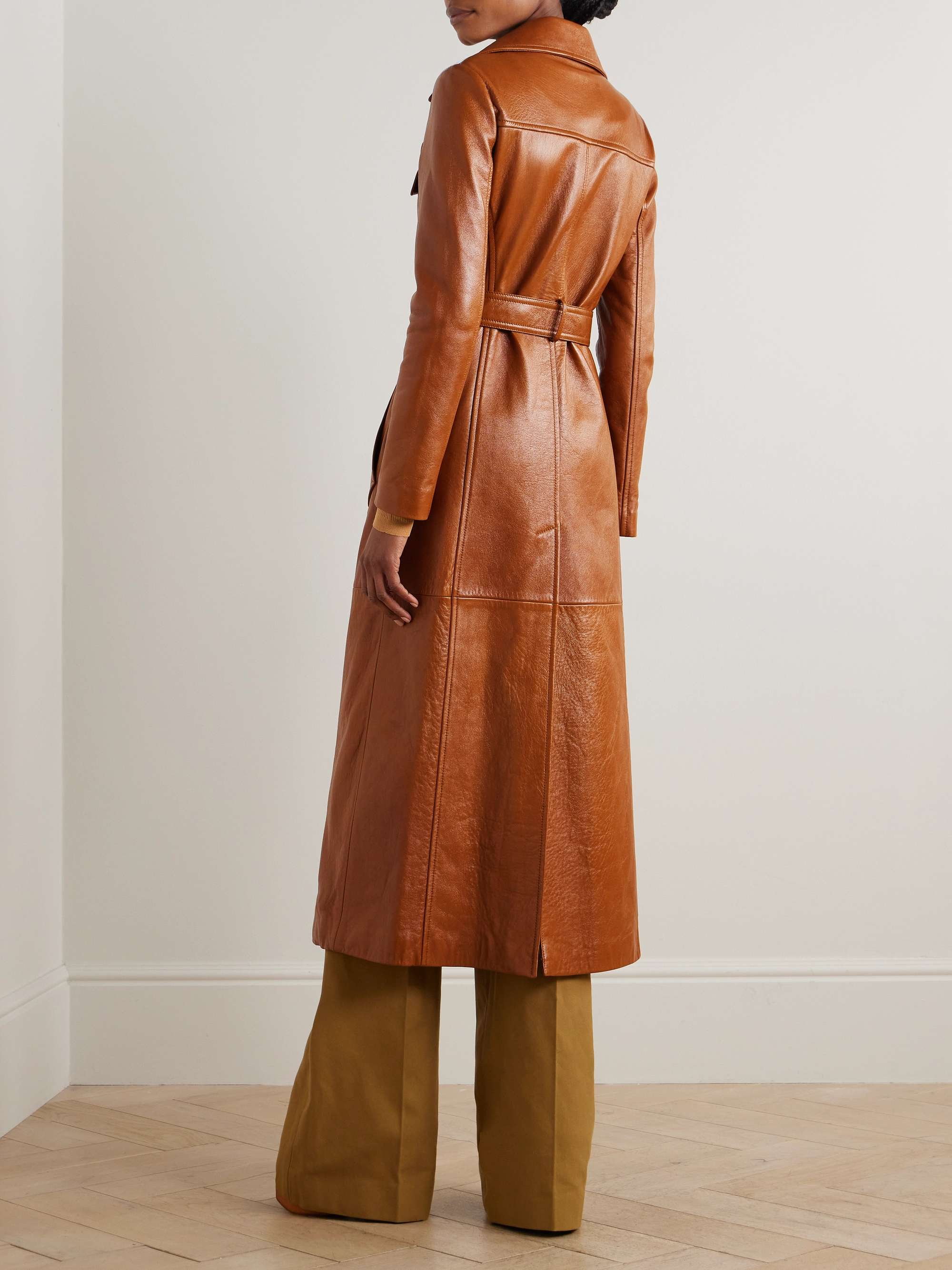 Leather double-breasted trench coat view