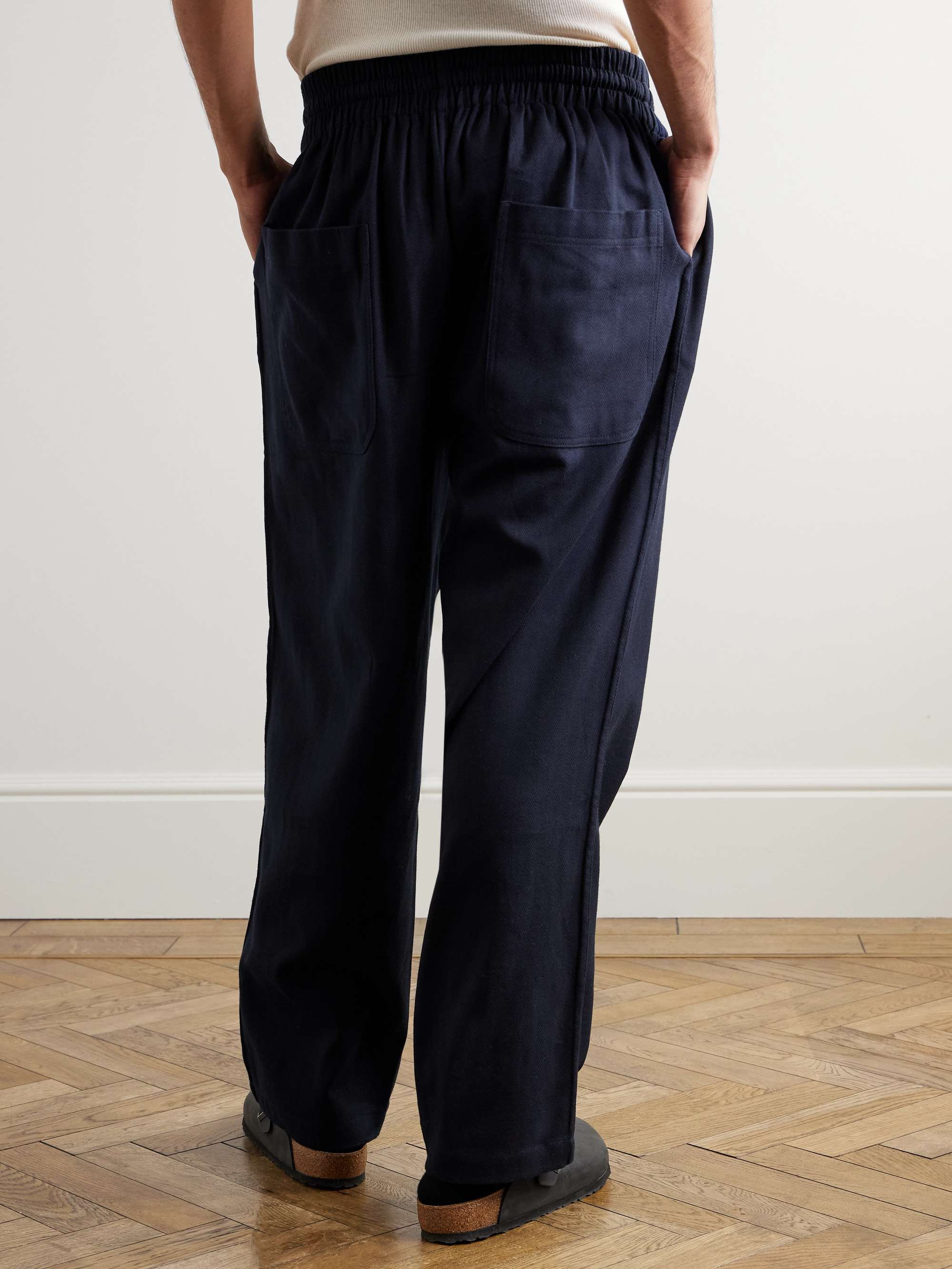 Vikram Wide-Leg Herringbone Cotton Drawstring Trousers view
