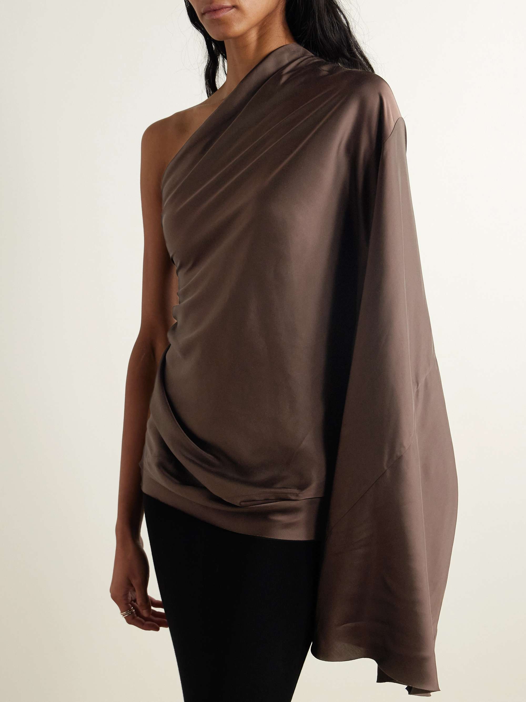 One-shoulder draped satin blouse view
