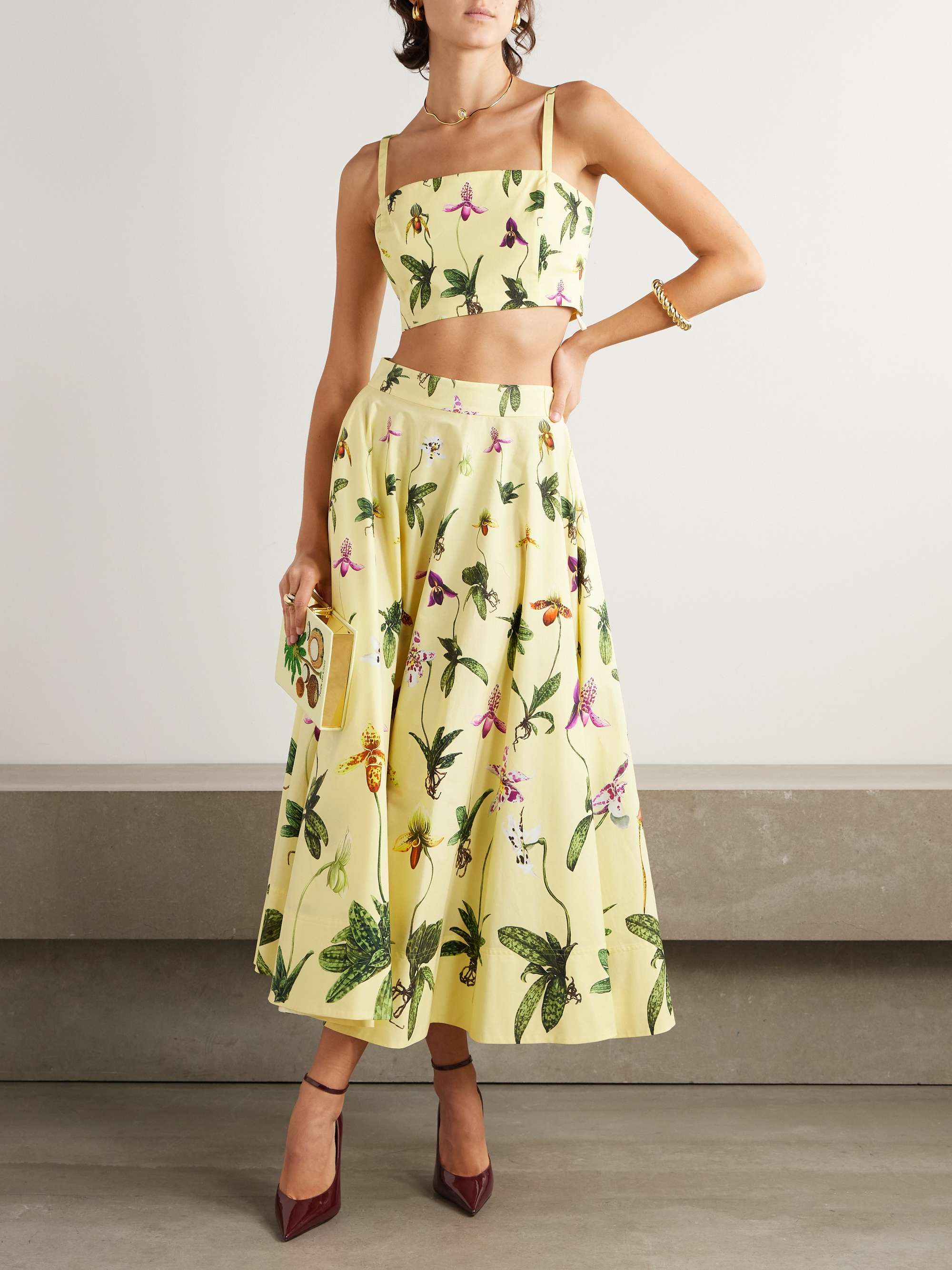 Floral-print cotton-blend poplin midi skirt view