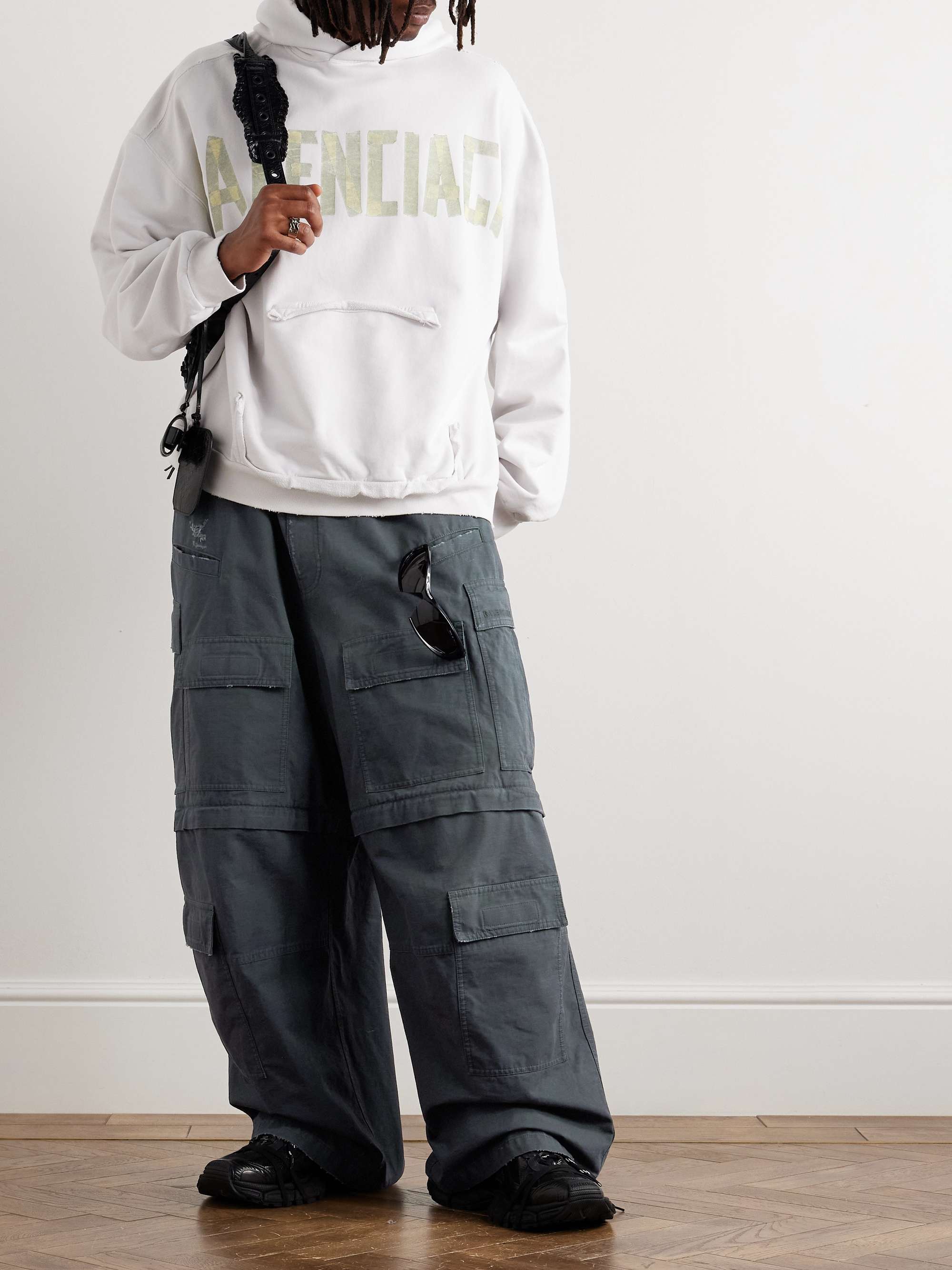 Wide-Leg Distressed Cotton-Ripstop Drawstring Cargo Trousers view