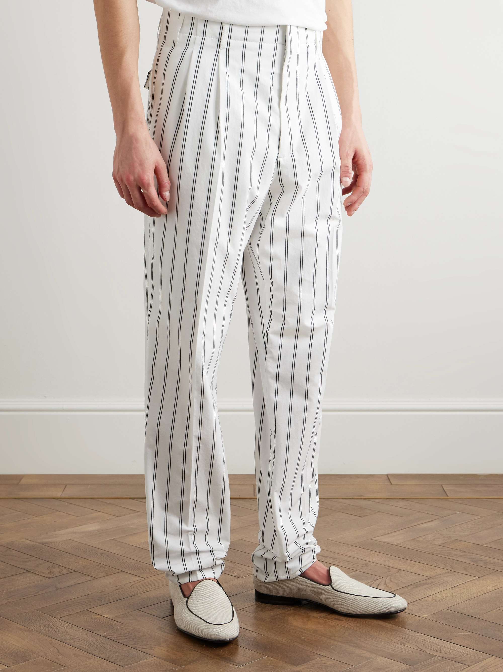 Straight-Leg Pleated Pinstriped Cotton Trousers view