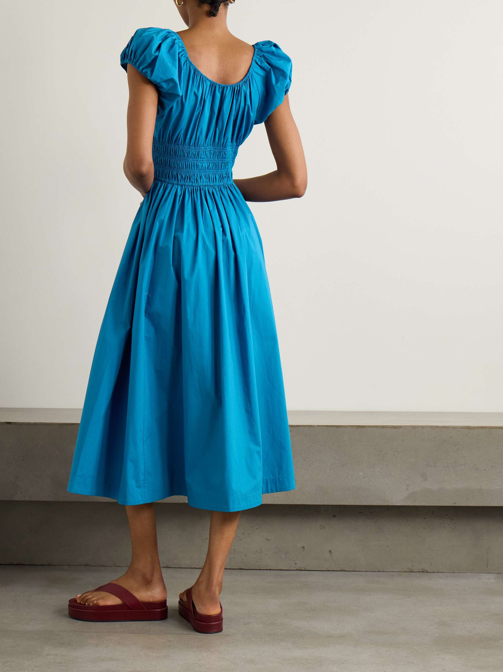 Quinn tie-detailed shirred cotton-poplin midi dress view