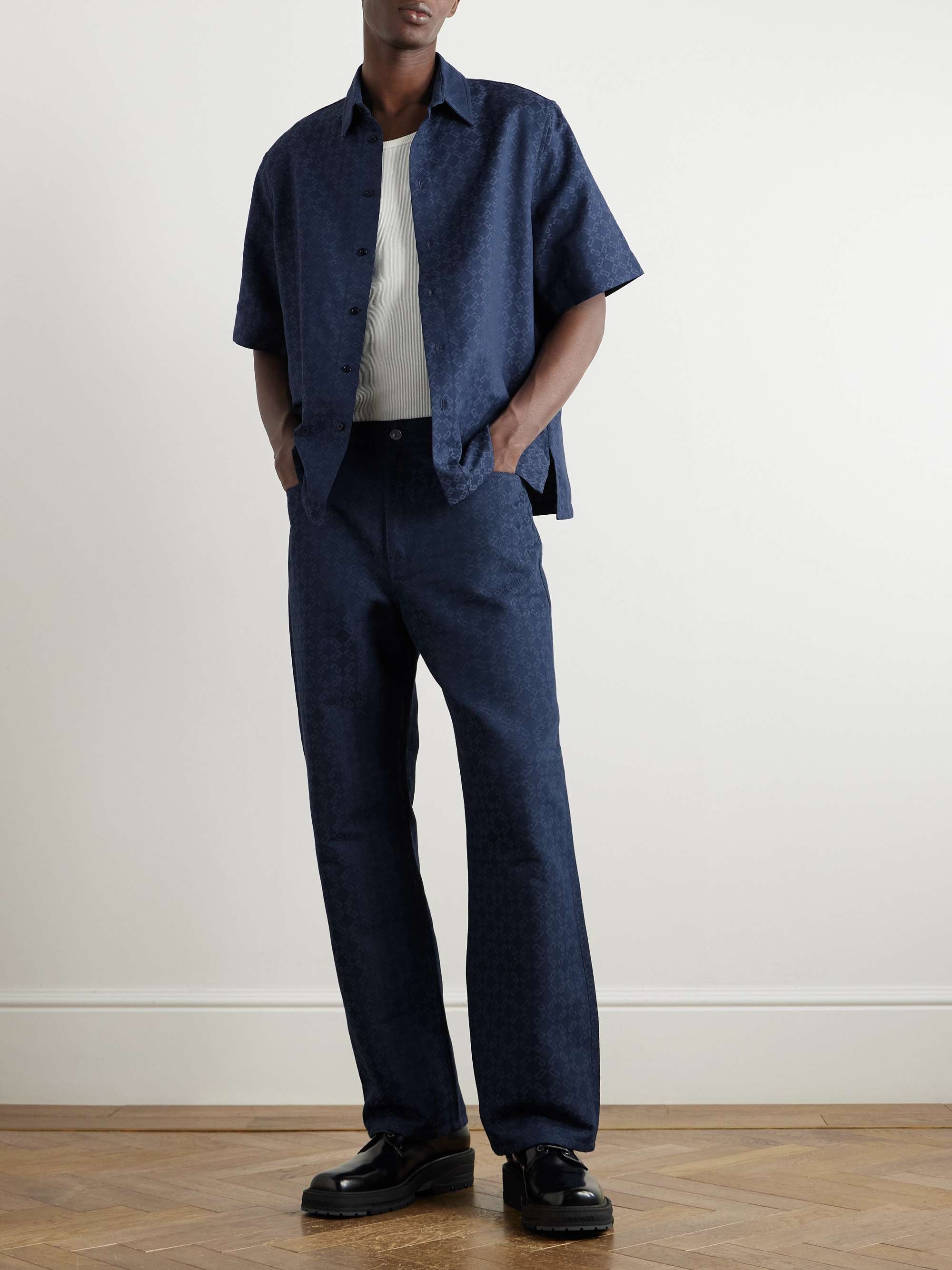 Straight-Leg Logo-Jacquard Cotton-Blend Trousers view