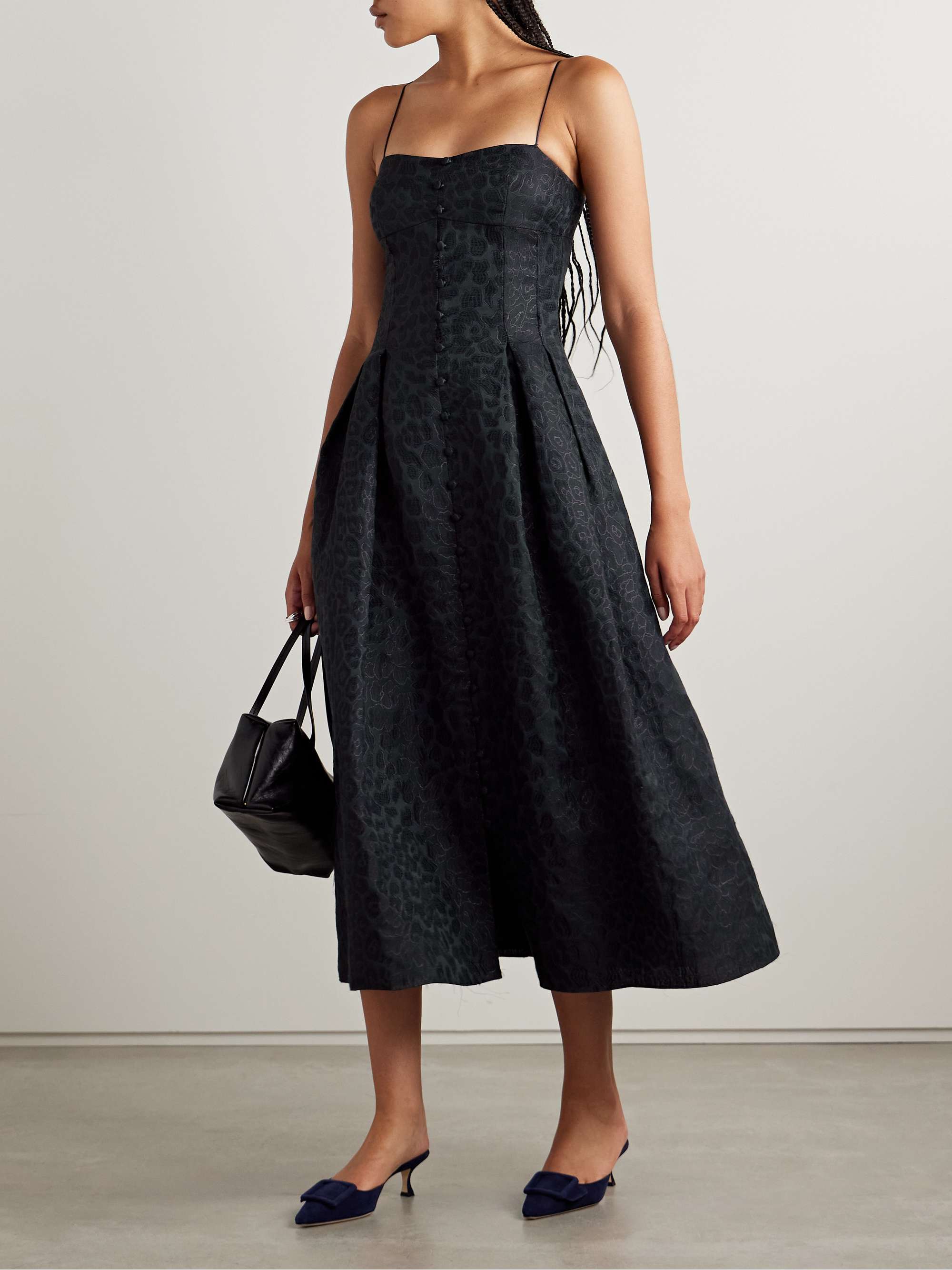 Rickie pleated metallic leopard-jacquard cotton-blend midi dress view