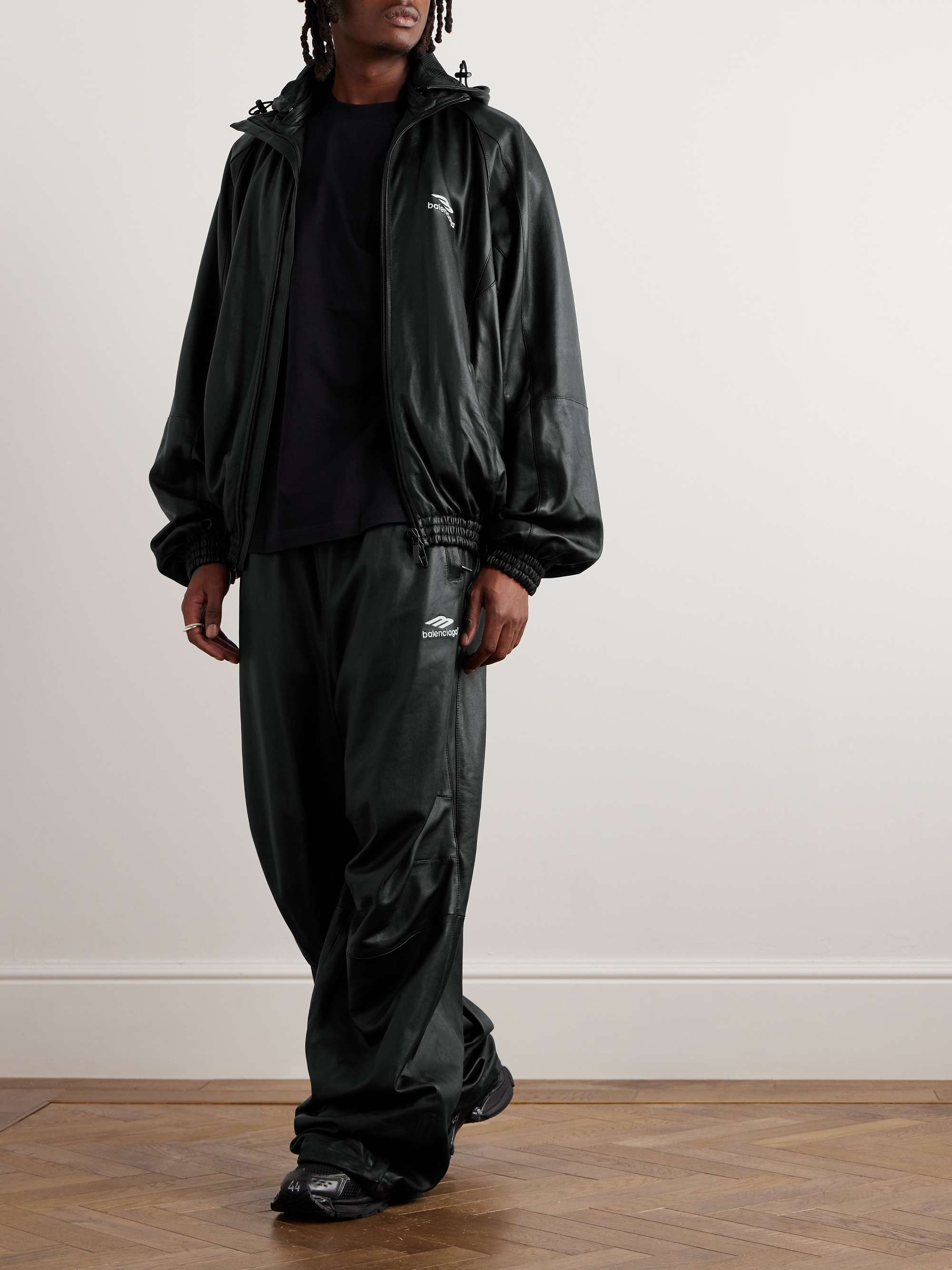Logo-Print Leather Hooded Jacket view