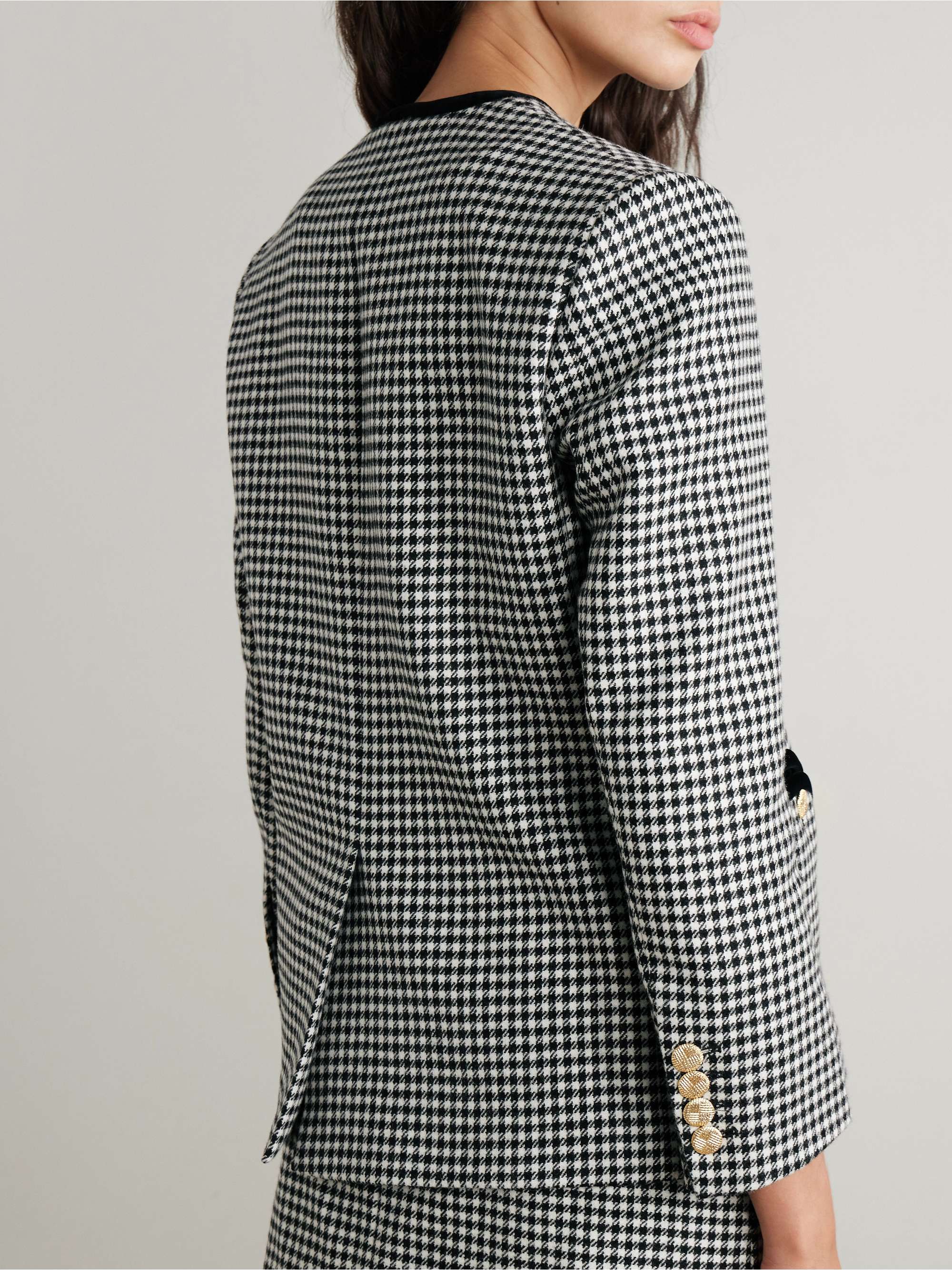 Sunset double-breasted velvet-trimmed houndstooth wool blazer view