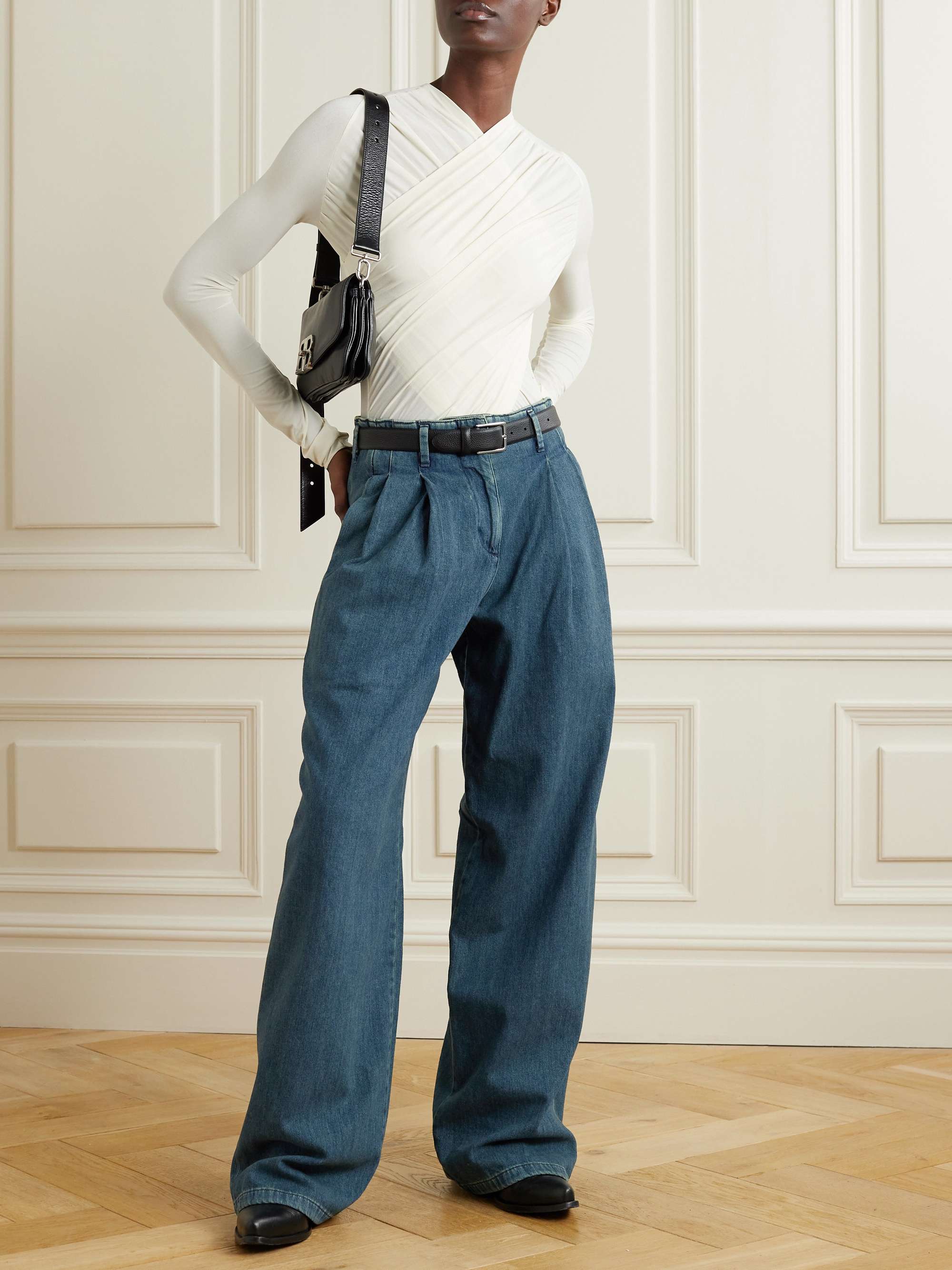 Embellished pleated high-rise wide-leg jeans view