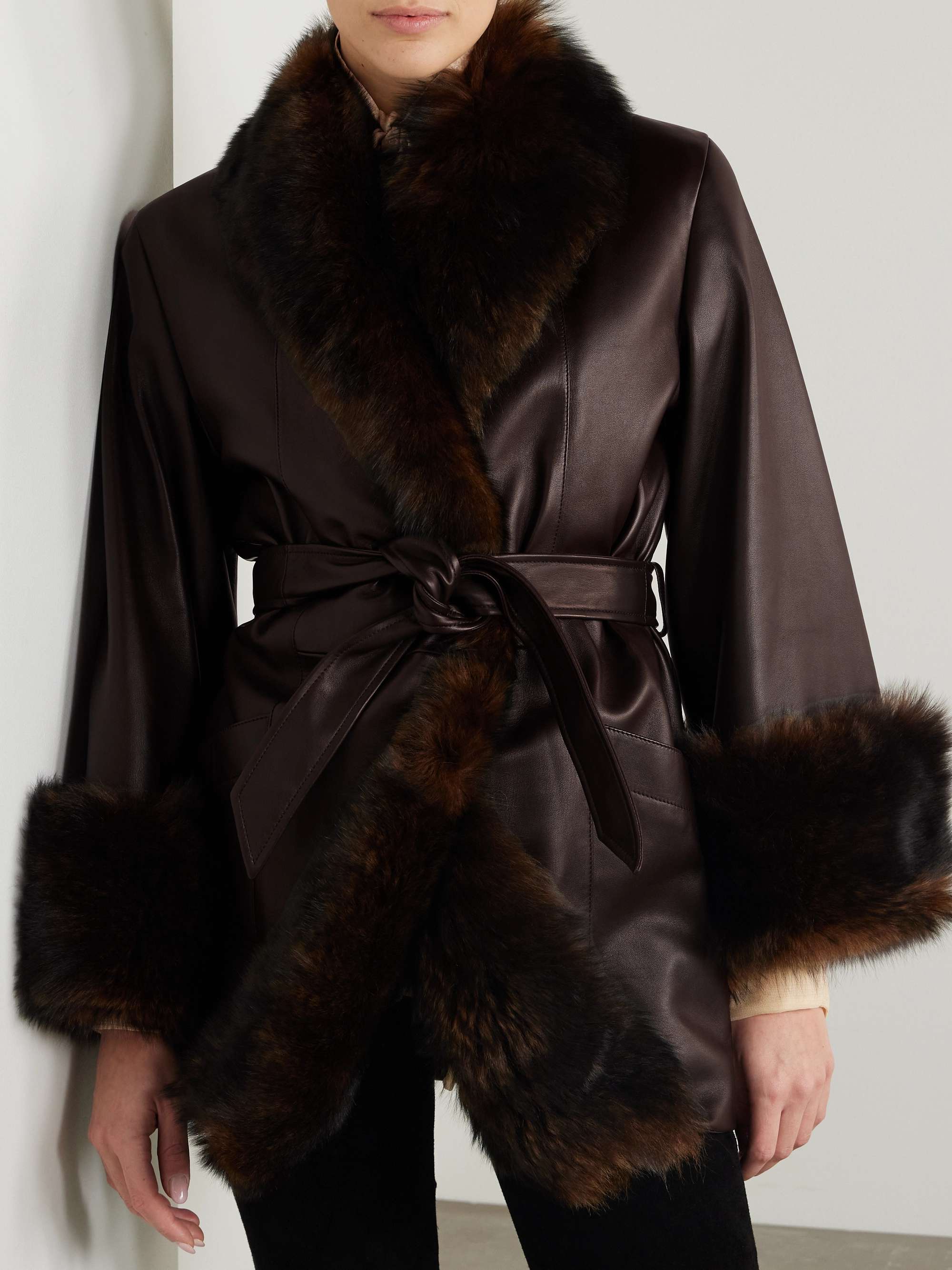 Oversized belted shearling-trimmed leather coat view