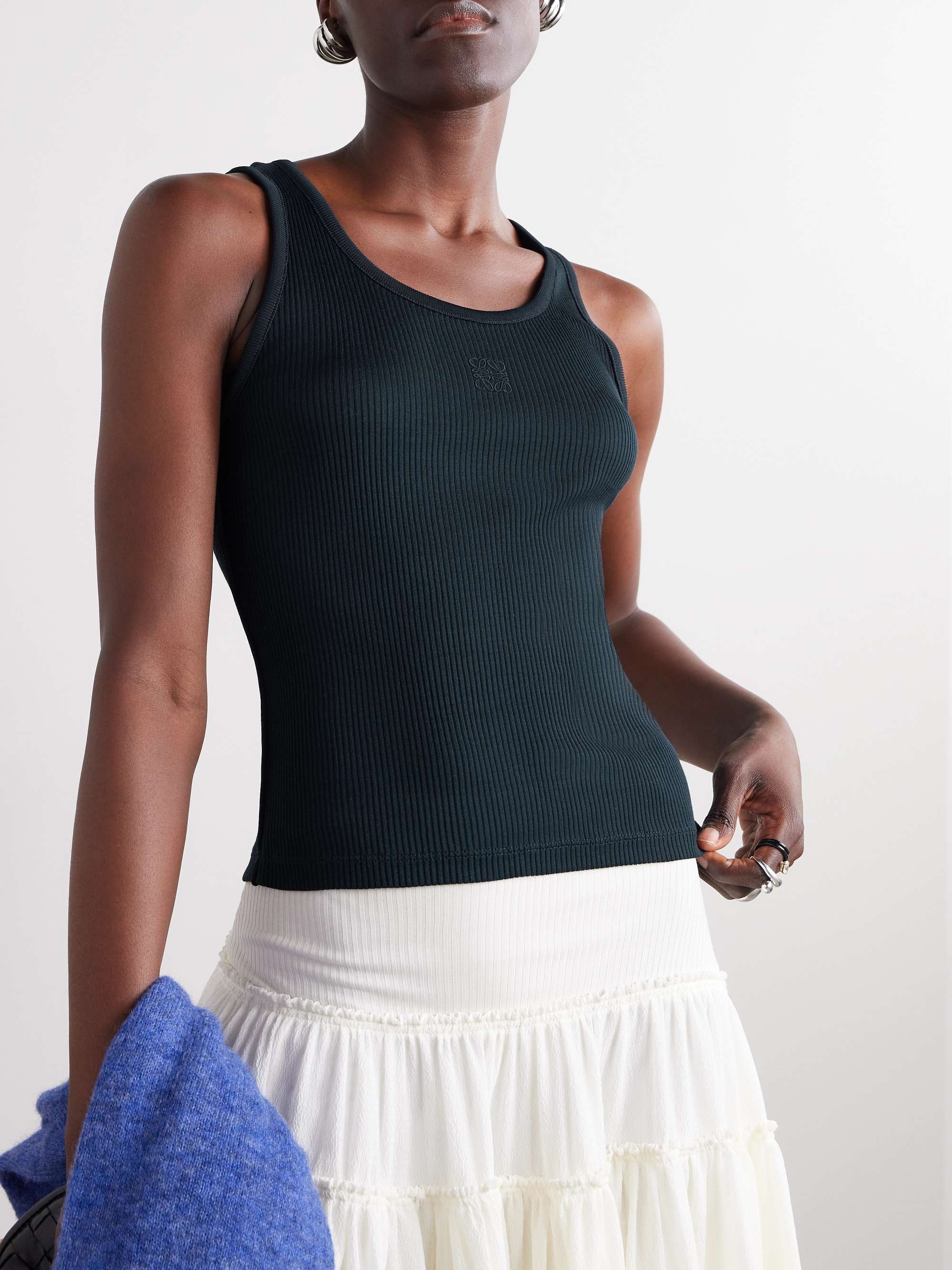 Embroidered ribbed silk tank view