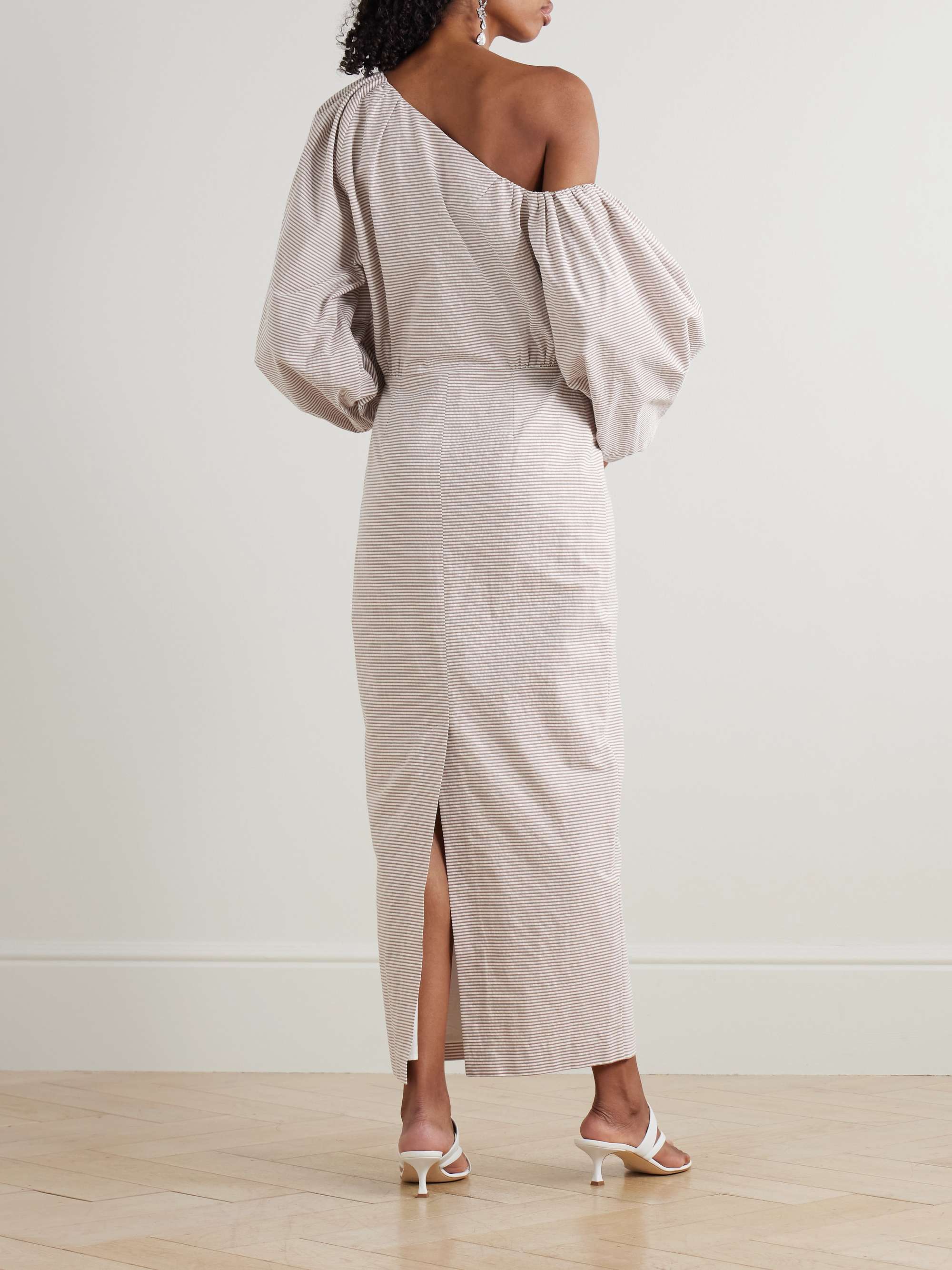 Cara off-the-shoulder gathered striped cotton-seersucker midi dress view