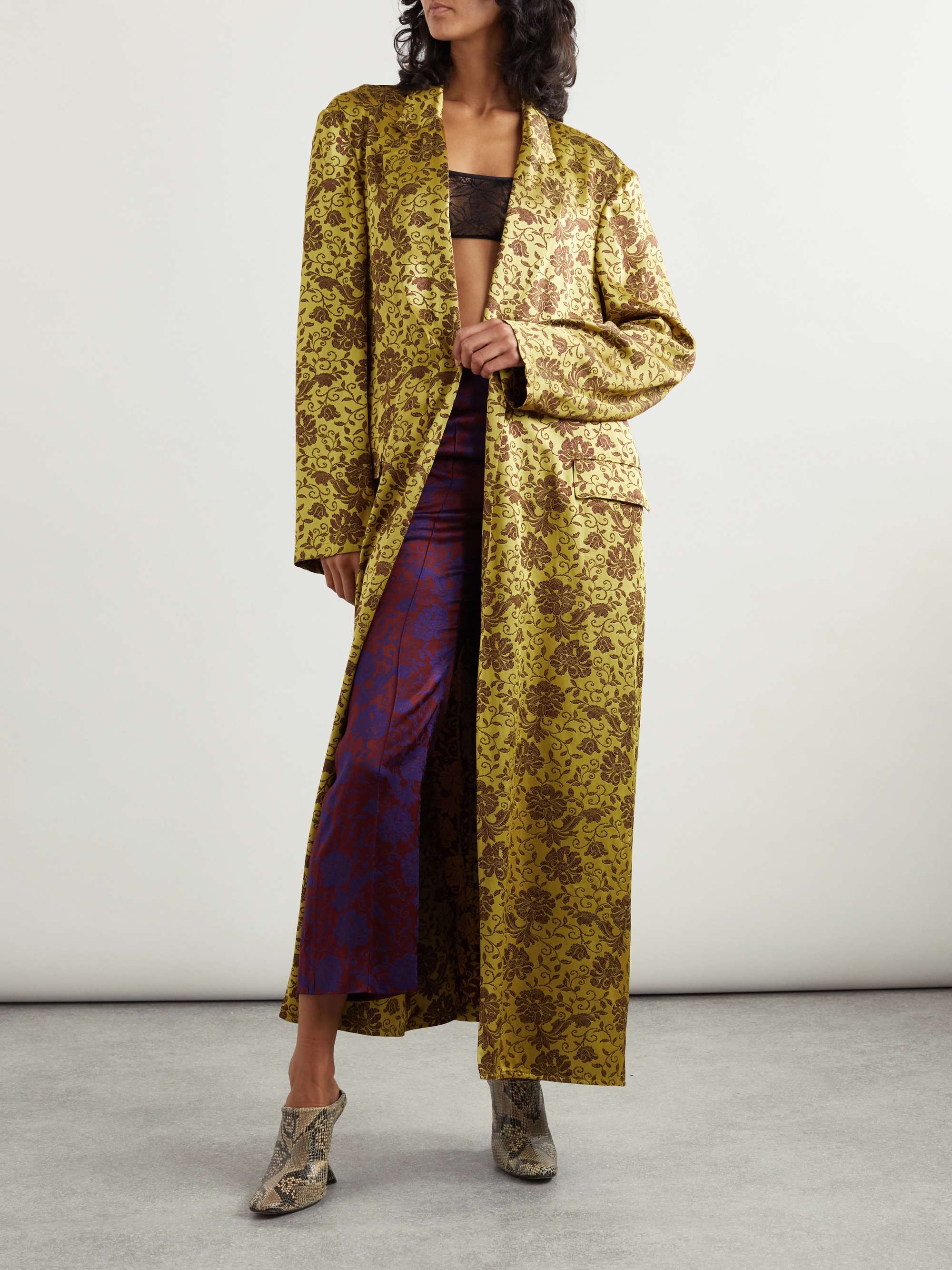 Belted silk-satin jacquard coat view