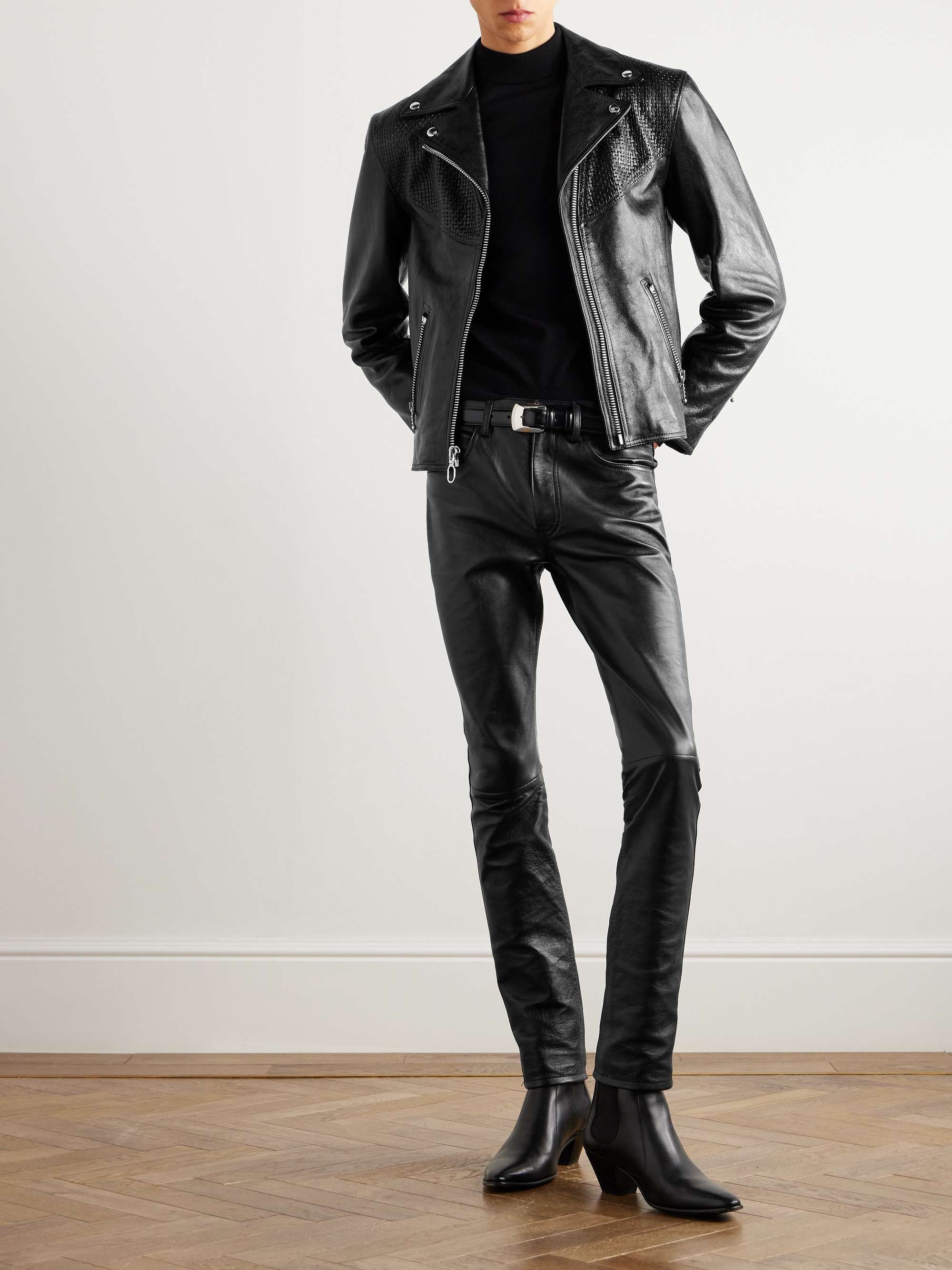 Slim-Fit Cropped Textured-Leather Biker Jacket view