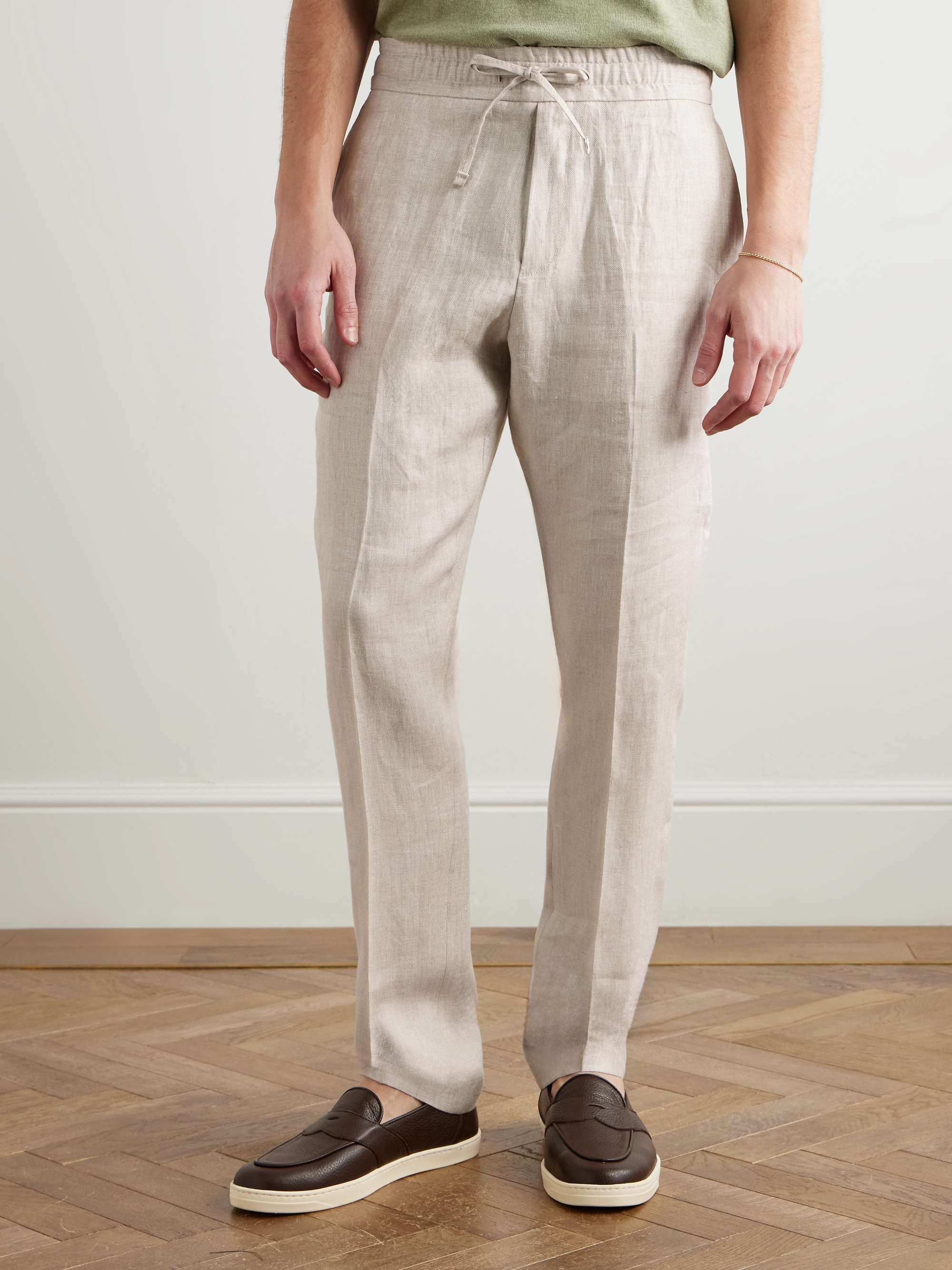 Straight-Leg Herringbone Linen Drawstring Trousers view