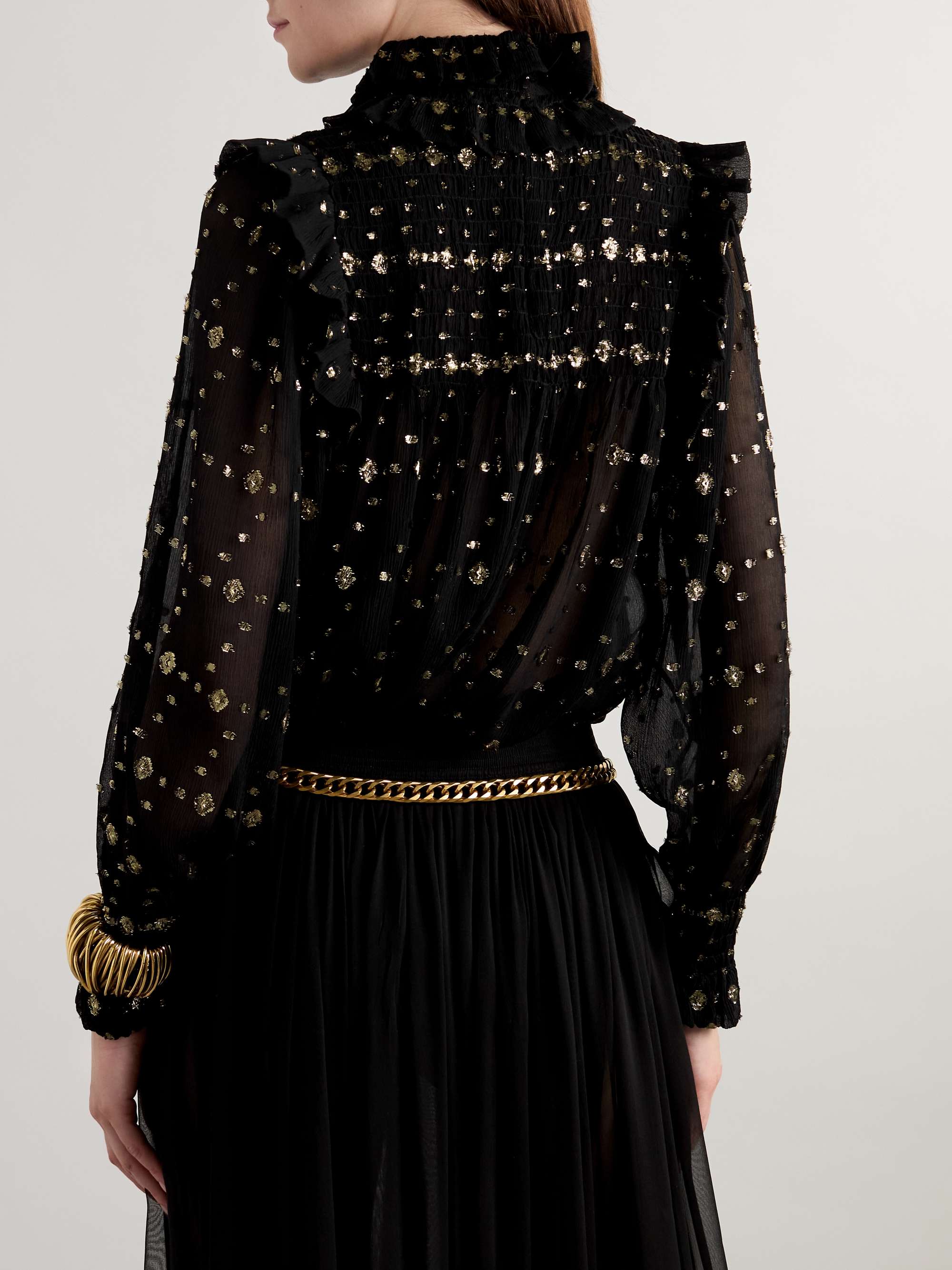 Ruffled shirred metallic silk-blend fil coupé crepon blouse view