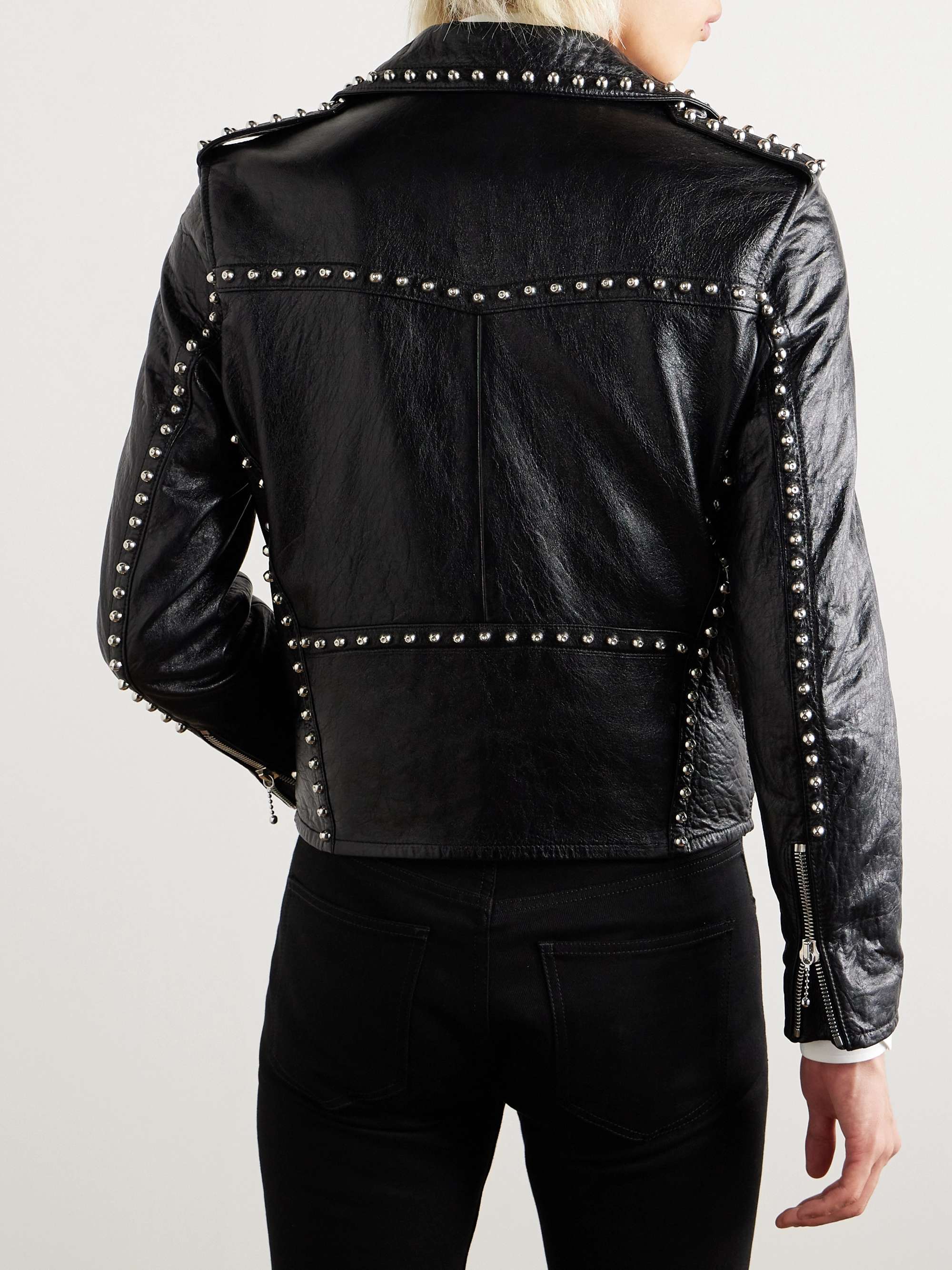 Studded Belted Textured-Leather Jacket view