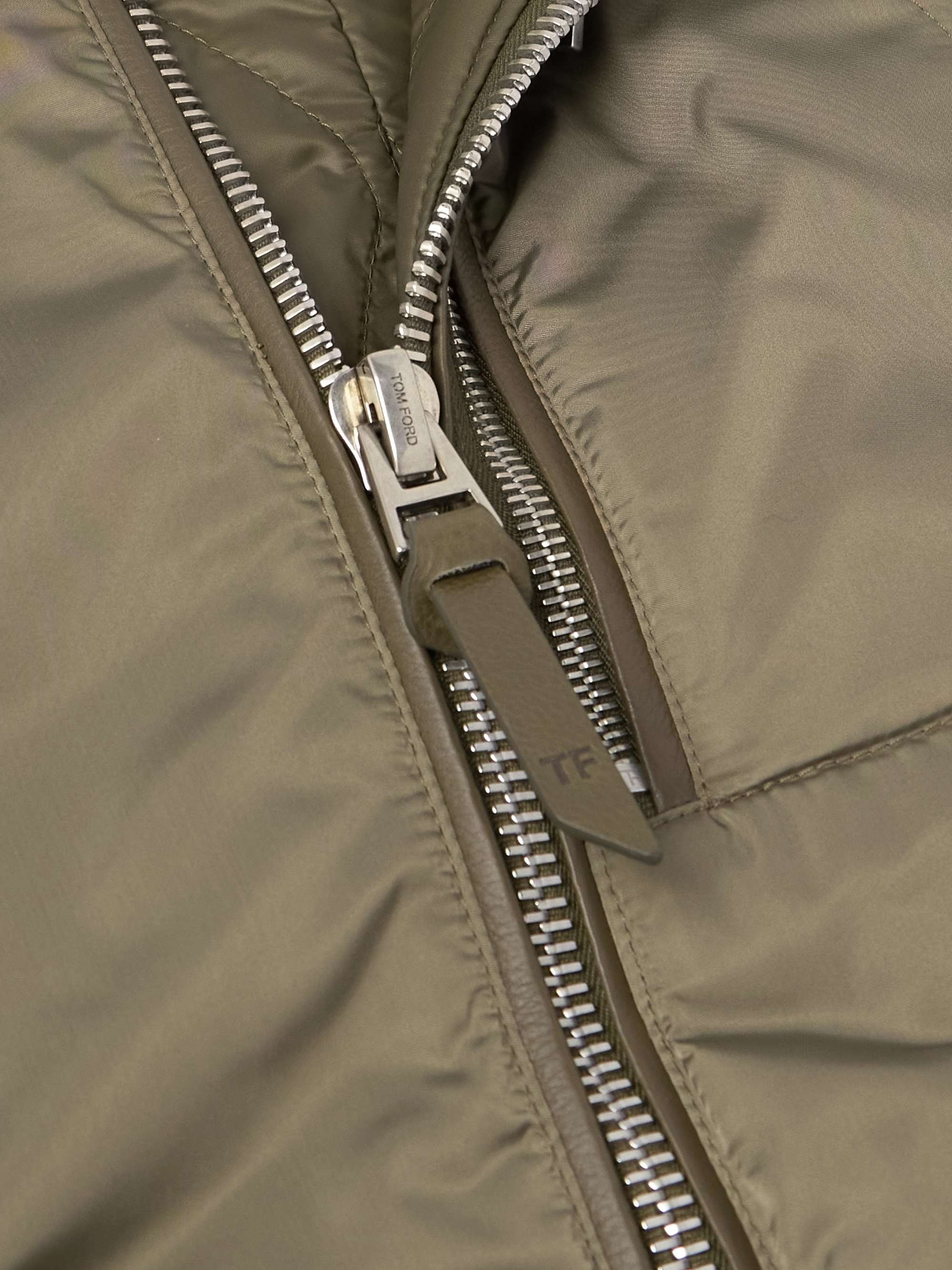 Padded Leather-Trimmed Satin Bomber Jacket view